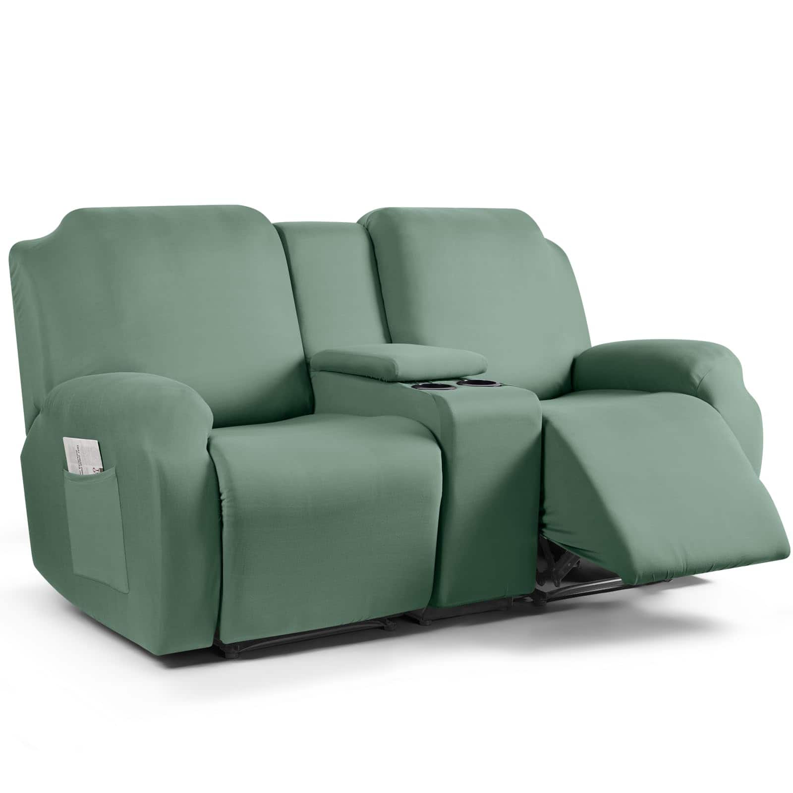 Fabibe - Reclining Loveseat with Middle Console Slipcover, Polyester, Stretch Design, Premium Quality - Bean Green 2 Seat Recliner Cover with Console