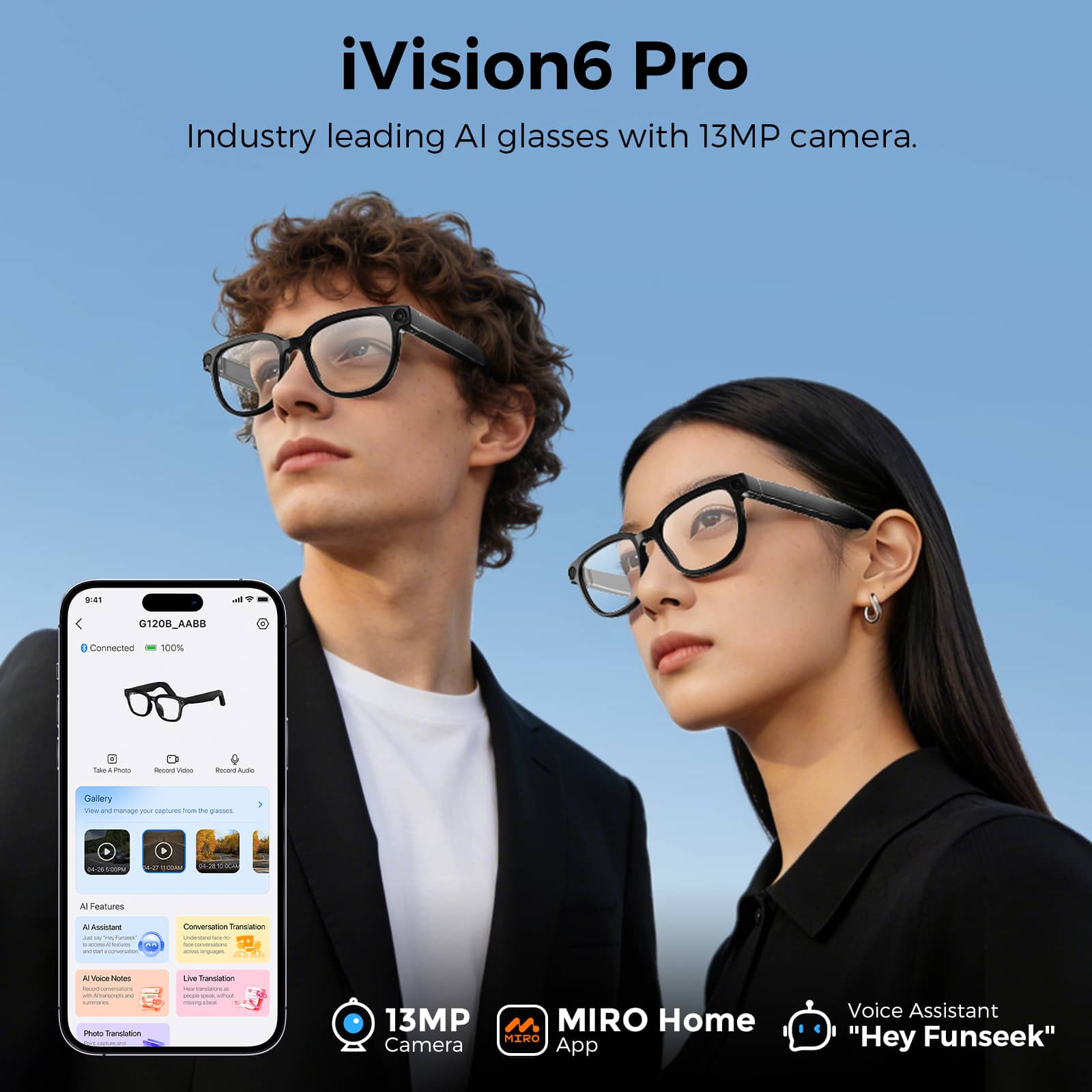 Miro iVision6 Pro Smart Glasses with 13MP Camera AI Voice
