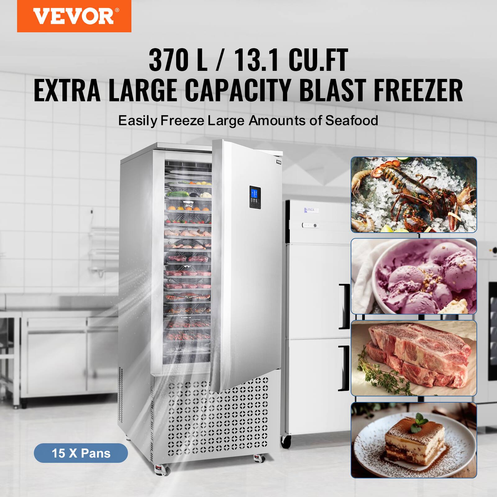 VEVOR

370 L / 13.1 CU.FT EXTRA LARGE CAPACITY BLAST FREEZER
Easily Freeze Large Amounts of Seafood

15 X Pans