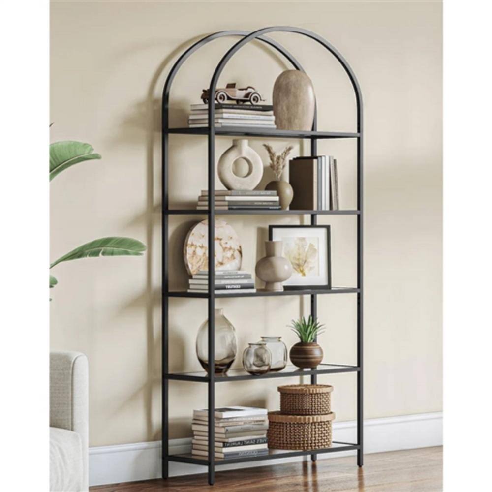 Angle. Hivvago - Modern Black Metal Arched Top Display Rack Bookcase with 5 Glass Storage Shelves - Black.