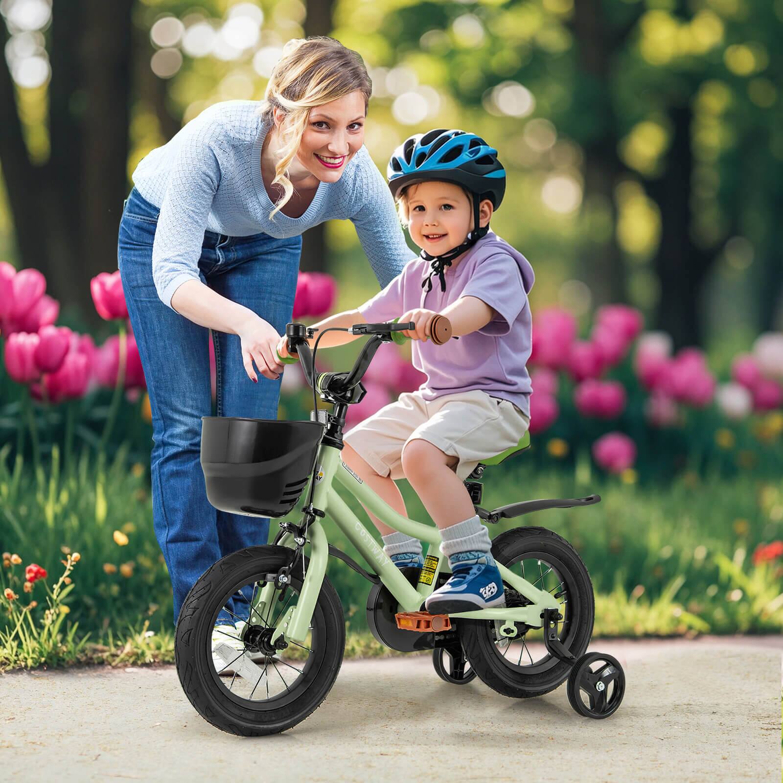 Alt View 3. Costway - Costway 12" Kid's Bike with Training Wheels Adjustable Handlebar & Seat Handbrake - Green.