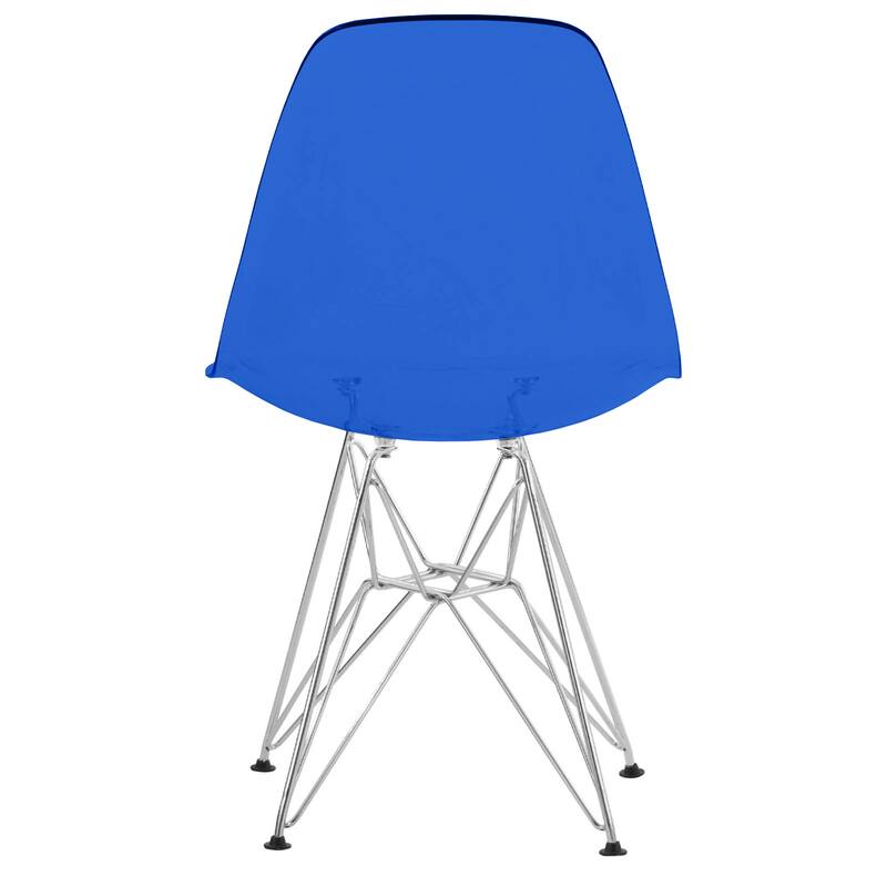Back. LeisureMod - Cresco Modern Acrylic Dining Chair, Ergonomic Curved Seat with Chrome Eiffel Base - Transparent Blue.