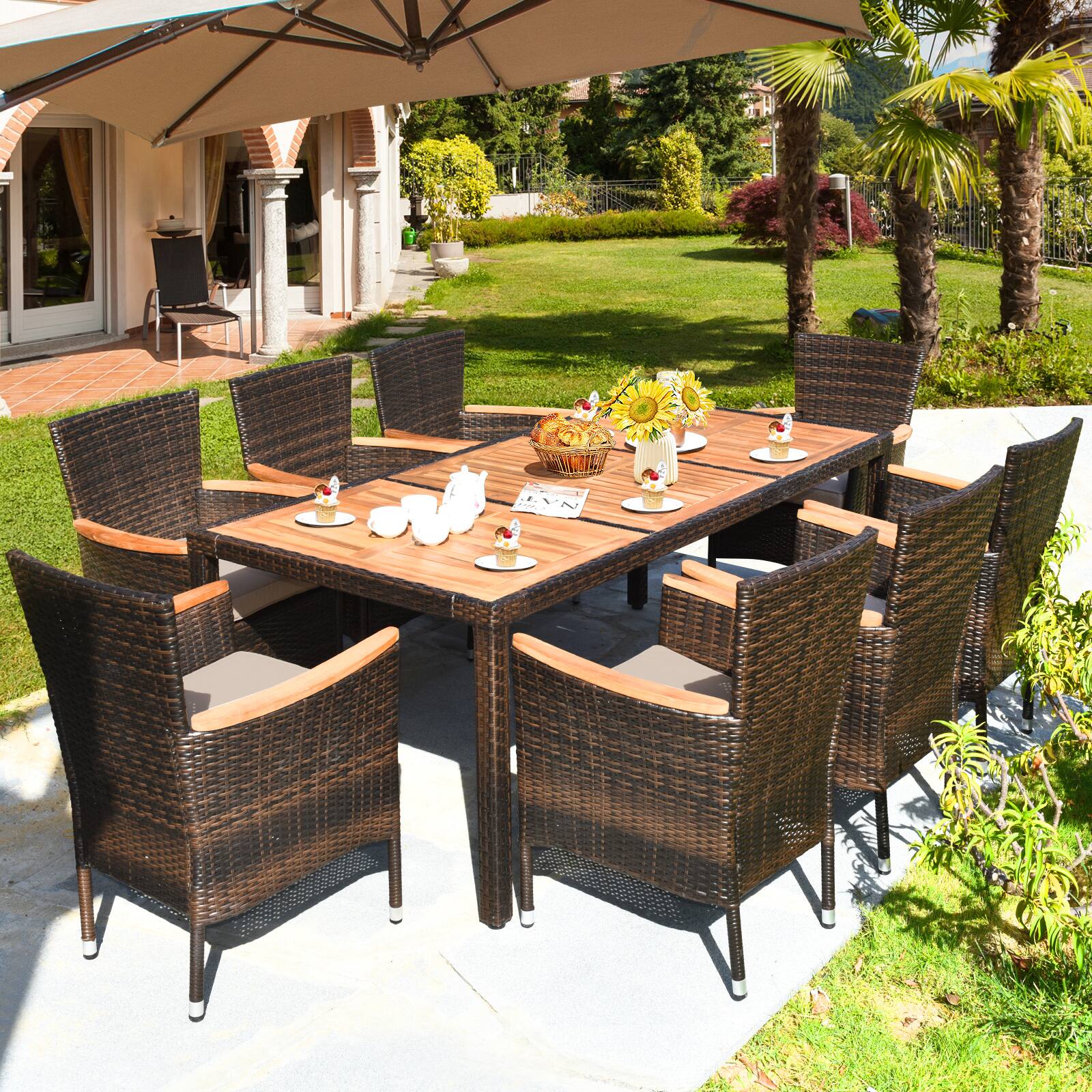 Alt View 3. Costway - Costway 9-Piece Patio Dining Set Wicker Stackable Conversation Set w/Acacia Tabletop & Removable Cushions - Beige.