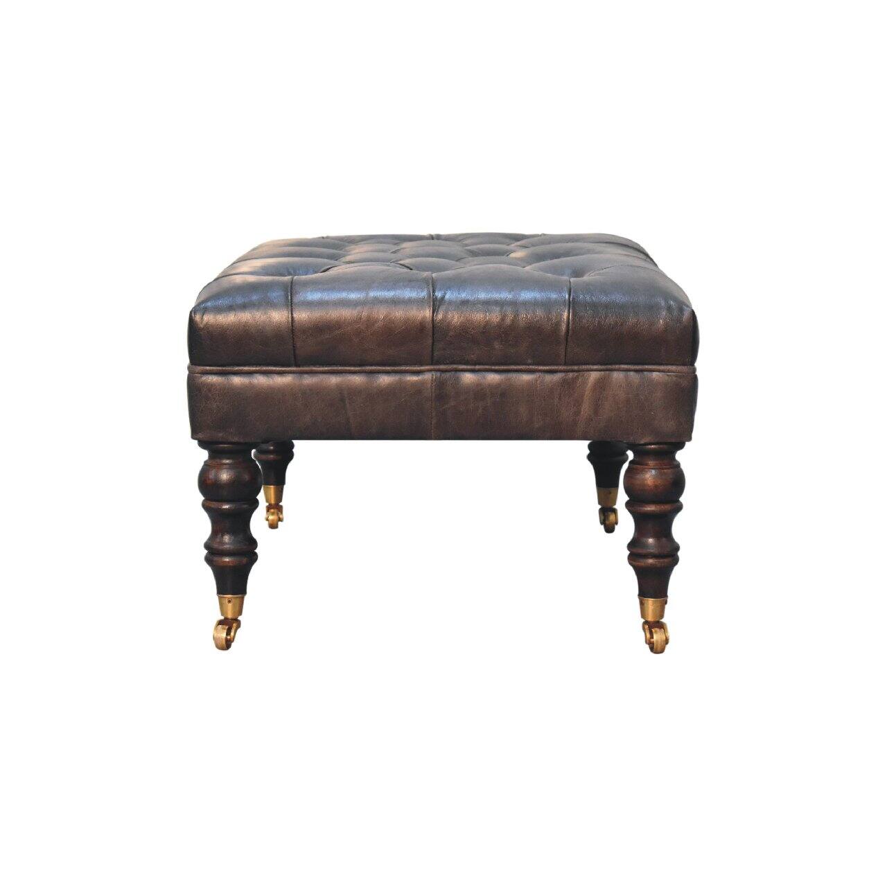 Alt View 6. Artisan Furniture - Artisan Furniture Solid Wood Buffalo Ash Black Leather Ottoman with Castor Legs, Upholstered, Black - Black.