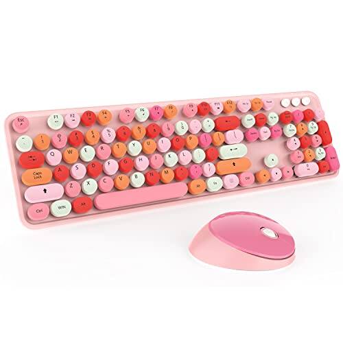 Cedar Assembly - Green Wireless And Mouse Cute Colorful With Retro Round Keycap For Pc Laptop Tablet Computer Windows green - pink colorful