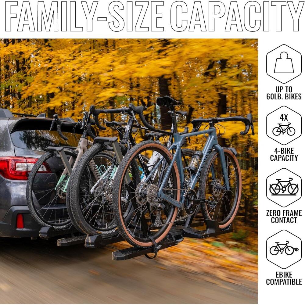 FAMILY-SIZE CAPACITY

- UP TO 60LB. BIKES
- 4X 4-BIKE CAPACITY
- ZERO FRAME CONTACT
- EBIKE COMPATIBLE