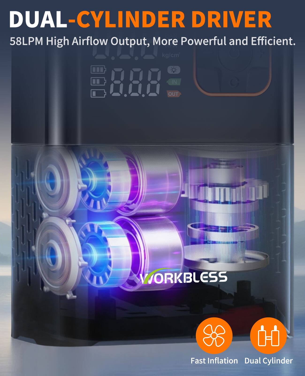 DUAL-CYLINDER DRIVER  
58LPM High Airflow Output, More Powerful and Efficient.  
8.88 kg/cm²  
IN OUT  
WORKBLESS  
Fast Inflation Dual Cylinder