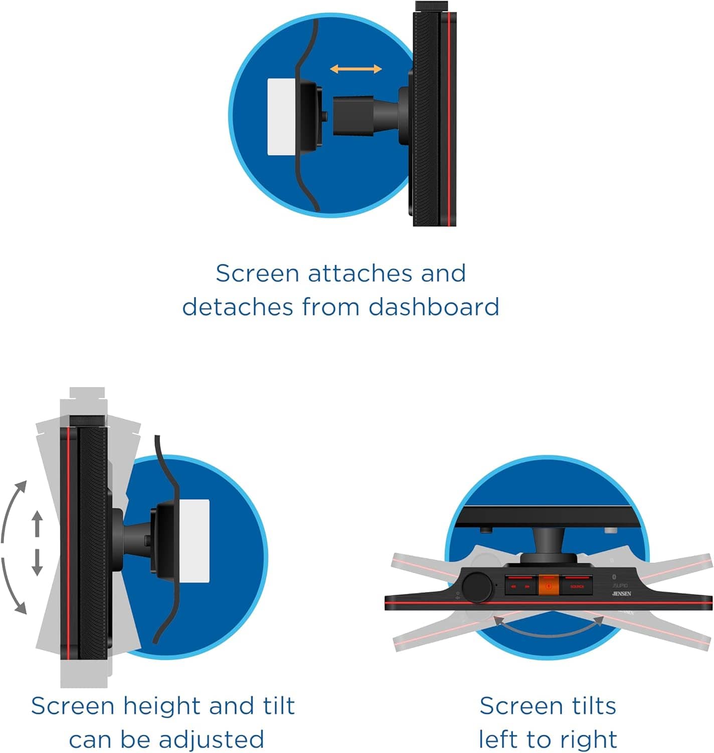 - Screen attaches and detaches from dashboard
- Screen height and tilt can be adjusted
- Screen tilts left to right