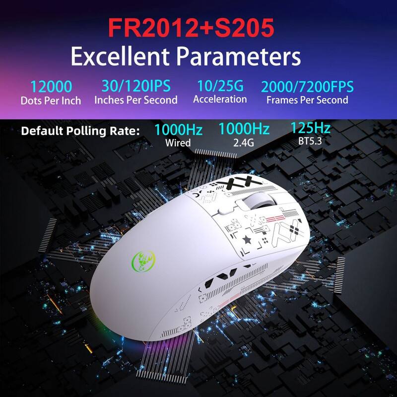 FR2012+S205  
Excellent Parameters  

12000 Dots Per Inch  
30/120IPS Inches Per Second  
10/25G Acceleration  
2000/7200FPS Frames Per Second  

Default Polling Rate:  
1000Hz Wired  
1000Hz 2.4G  
125Hz BT5.3