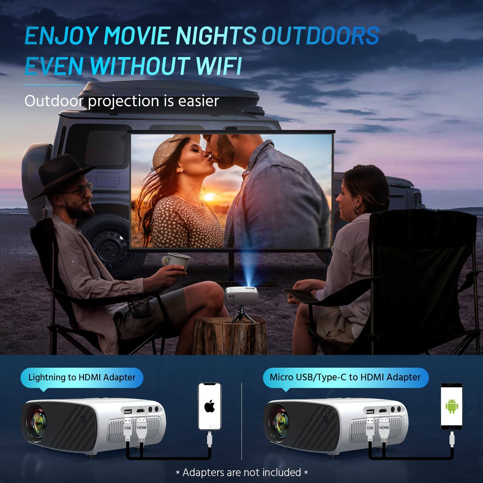 ENJOY MOVIE NIGHTS OUTDOORS EVEN WITHOUT WIFI
Outdoor projection is easier
Lightning to HDMI Adapter
Micro USB/Type-C to HDMI Adapter
* Adapters are not included *