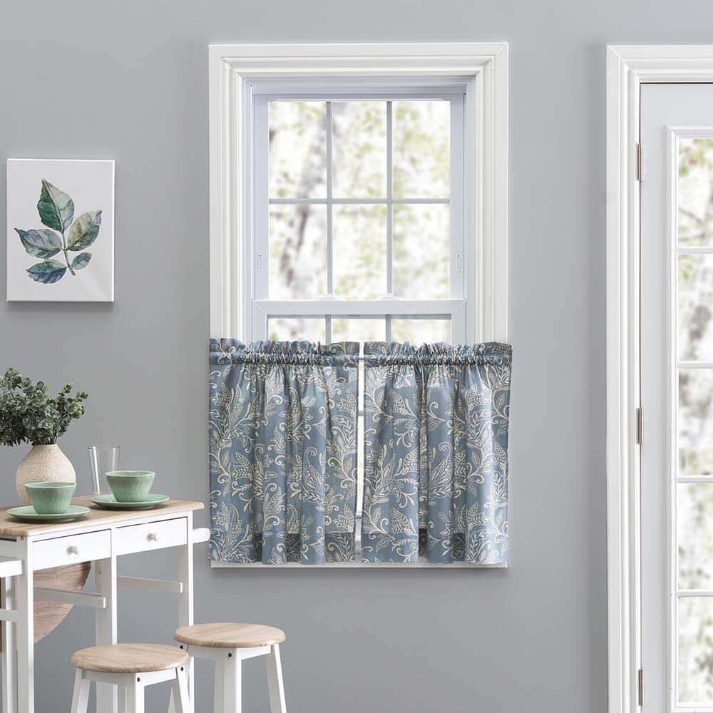 Ellis Curtain - Lexington Leaf Pattern on Colored Ground Curtain Tiers 56"x24" - Blue