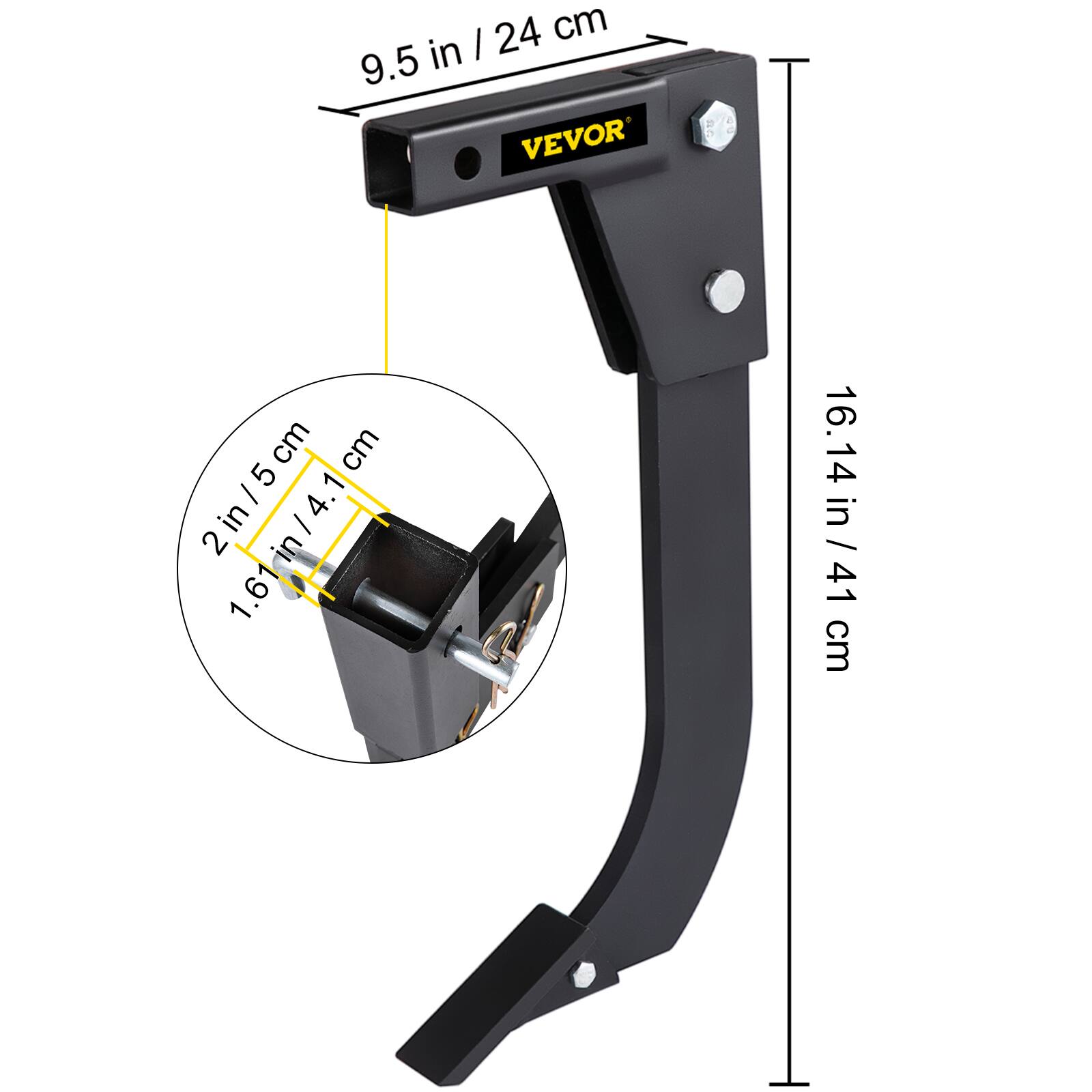 24 cm in I 9.5 VEVOR cm cm 2in /5cm 1.61 in / 4.1 14 16.14 in /41 41 in cm

Corrected:
- 9.5 in / 24 cm
- 2 in / 5 cm
- 1.61 in / 4.1 cm
- 16.14 in / 41 cm
