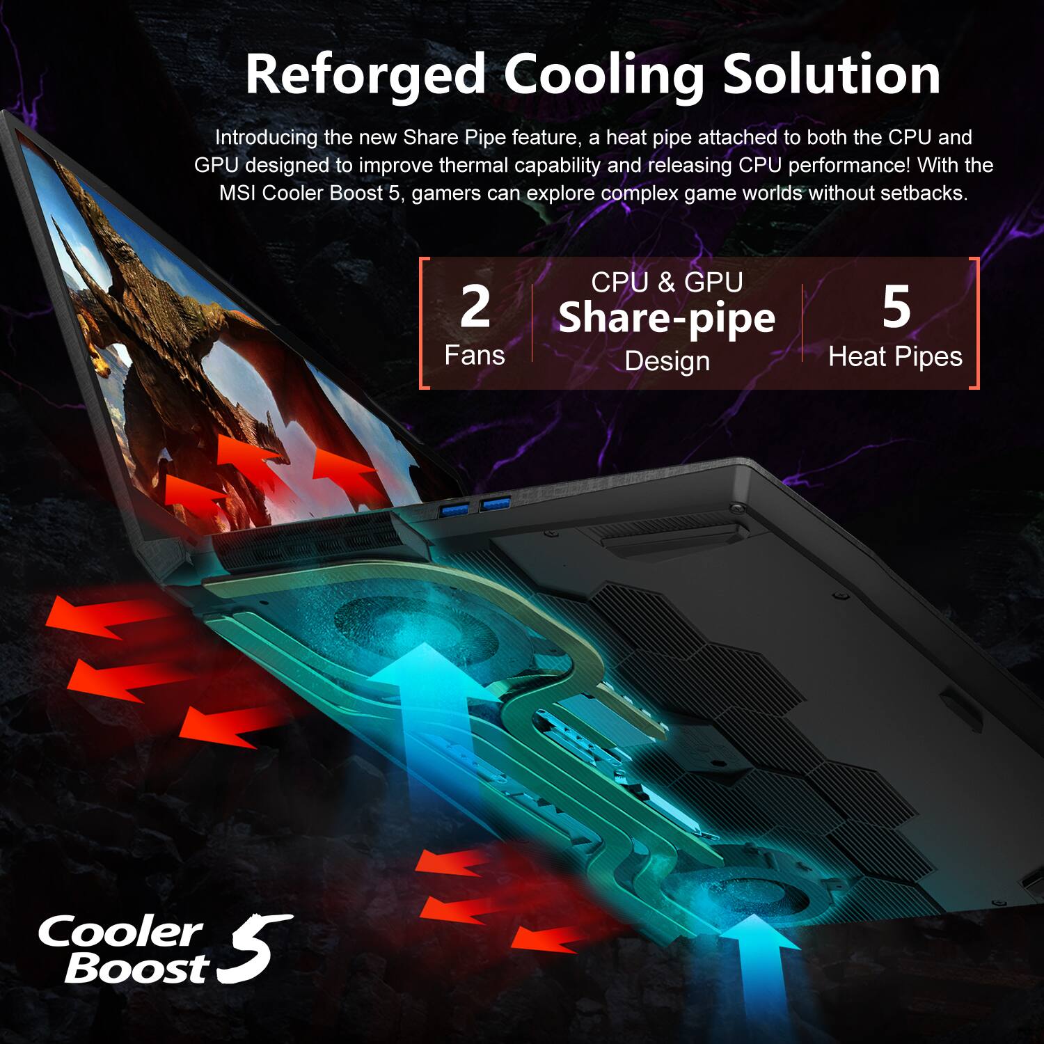 Reforged Cooling Solution

Introducing the new Share Pipe feature, a heat pipe attached to both the CPU and GPU designed to improve thermal capability and releasing CPU performance! With the MSI Cooler Boost 5, gamers can explore complex game worlds without setbacks.

CPU & GPU Share-pipe Design
2 Fans
5 Heat Pipes

Cooler Boost 5