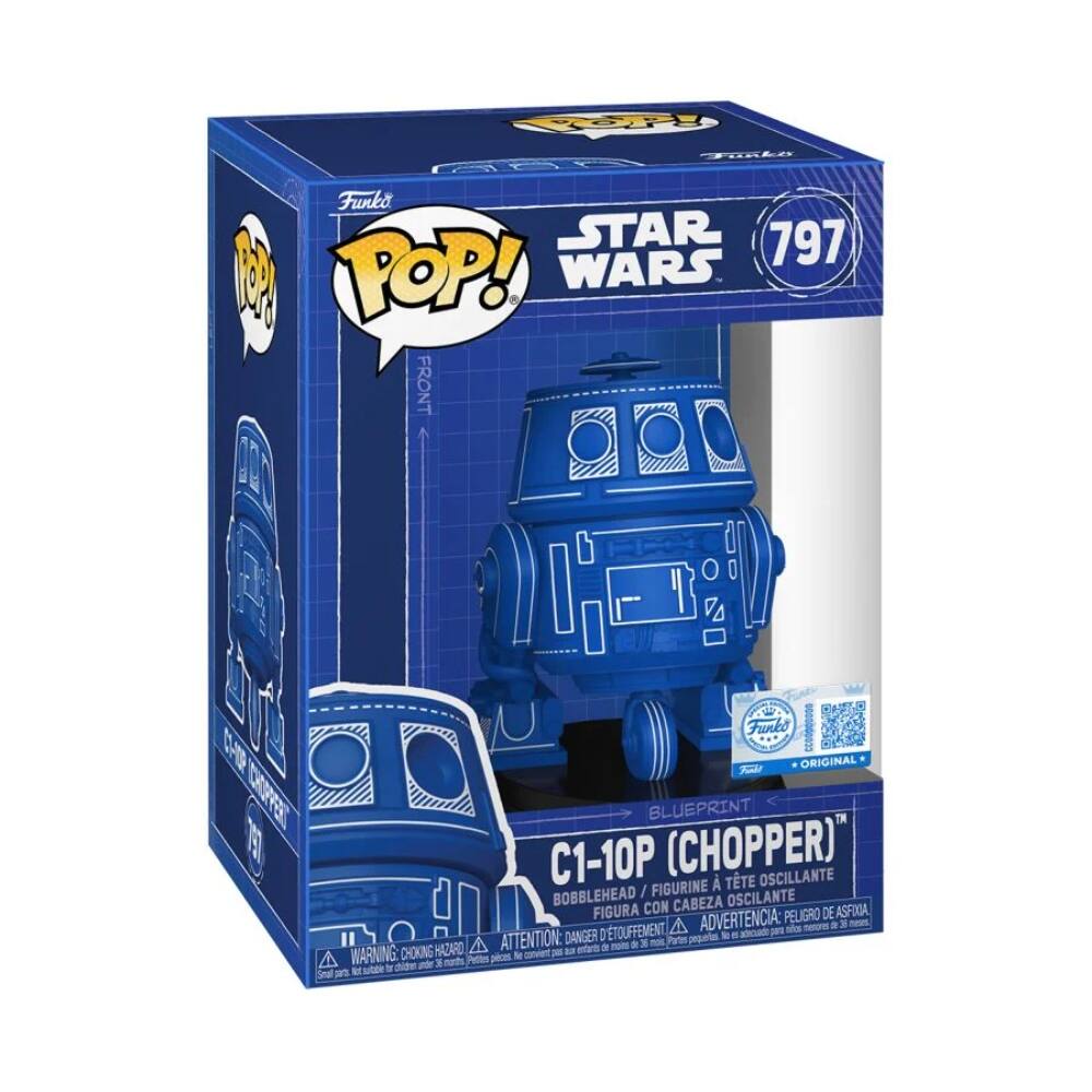 Sure, here is the corrected and grouped text from the image:

---

**Front:**
- **Funko POP!**
- **STAR WARS**
- **797**
- **C1-10P (CHOPPER)**
- **BLUEPRINT**
- **ORIGINAL**

**Side:**
- **BOBBLEHEAD / FIGURINE À TÊTE OSCILLANTE**
- **FIGURA CON CABEZA OSCILANTE**
- **FIGURA CON CABEZA OSCILANTE**
- **WARNING: CHOKING HAZARD - Small parts. Not for children under 3 years.**
- **ATTENTION: DANGER DE SOUFFOCATION - Petite pièce. Ne convient pas aux enfants de moins de 3 ans.**
- **ADVERTENCIA: PEQUEÑOS PIEZAS - PELIGRO DE ASFIXIA. No es adecuado para niños menores de 3 años.**

**Bottom:**
- **Funko**
- **ORIGINAL**

---