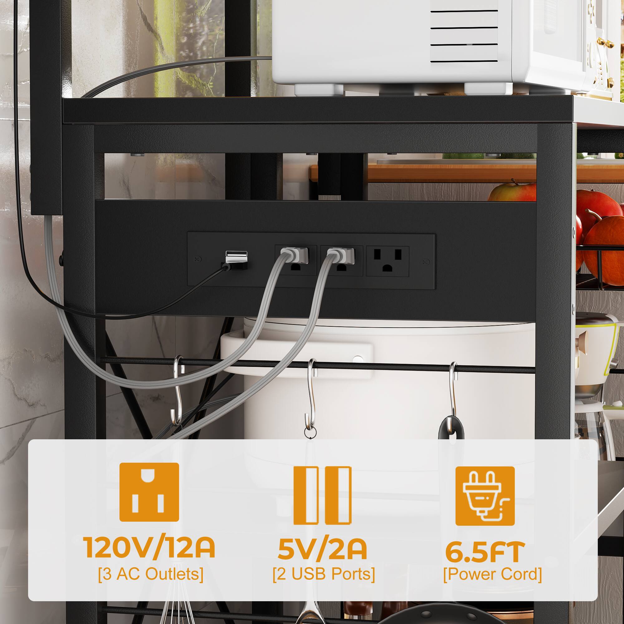 120V/12A [3 AC Outlets]  
5V/2A [2 USB Ports]  
6.5FT [Power Cord]