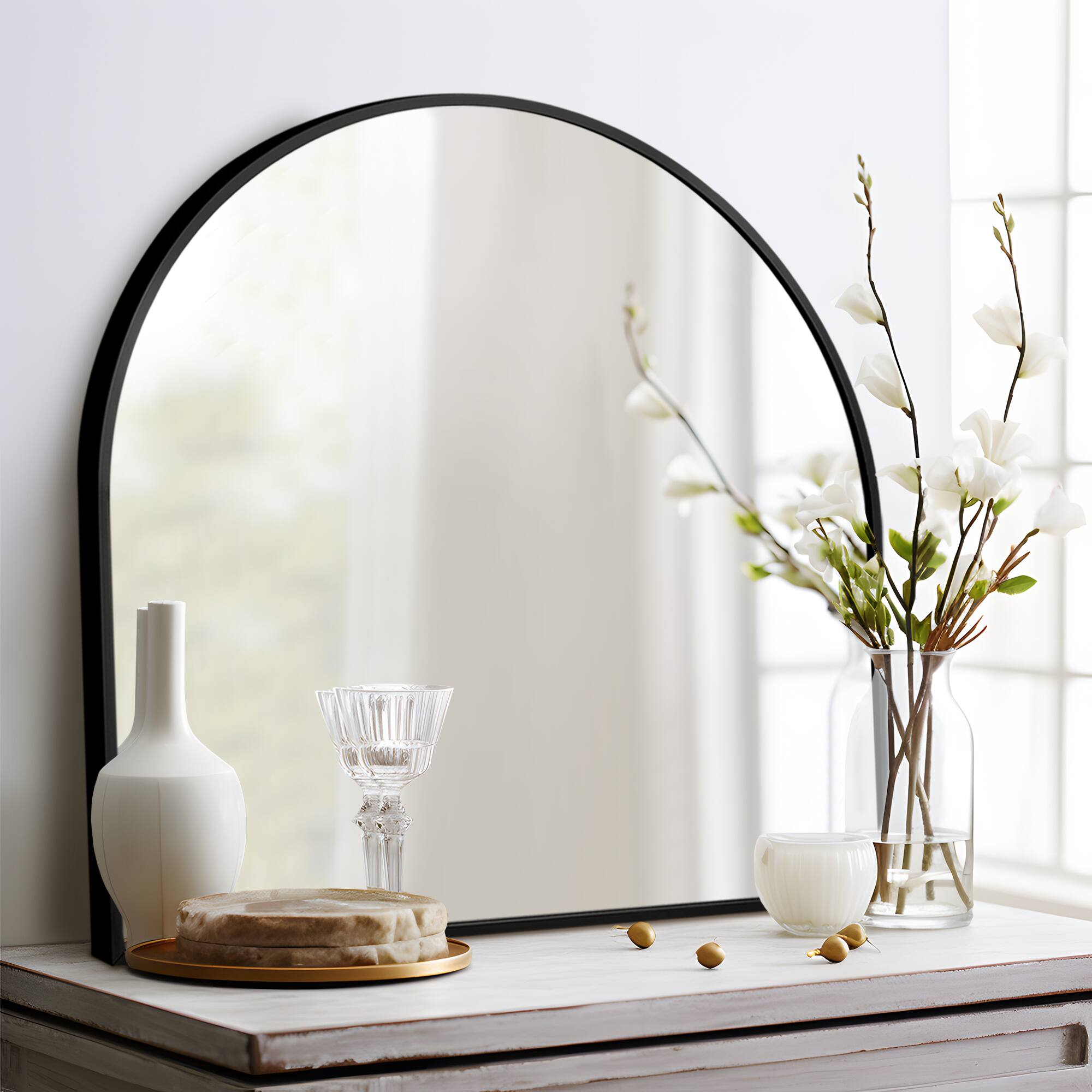 Front. Lirago - 30" x 28" Arch Mirror Bathroom Mirror with Black  Aluminum Alloy Frame Elegant Wall Mirror for Vanity & Decor - Black.