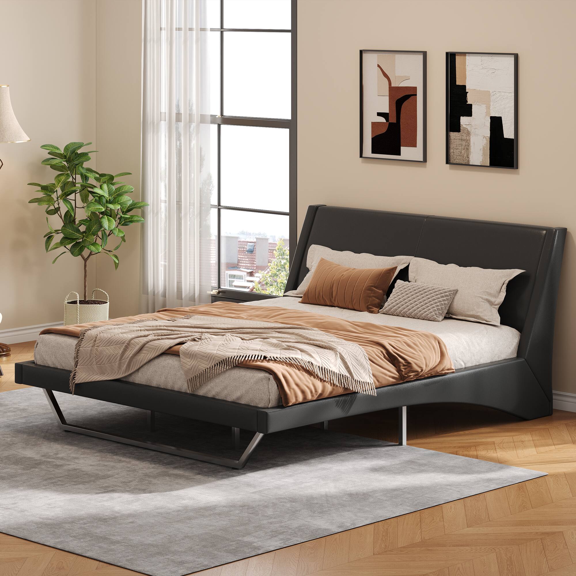 Front. Whisen - King Size Upholstered Platform Bed Frame with Trapezoidal-Shaped Leg for Bedroom - Black.