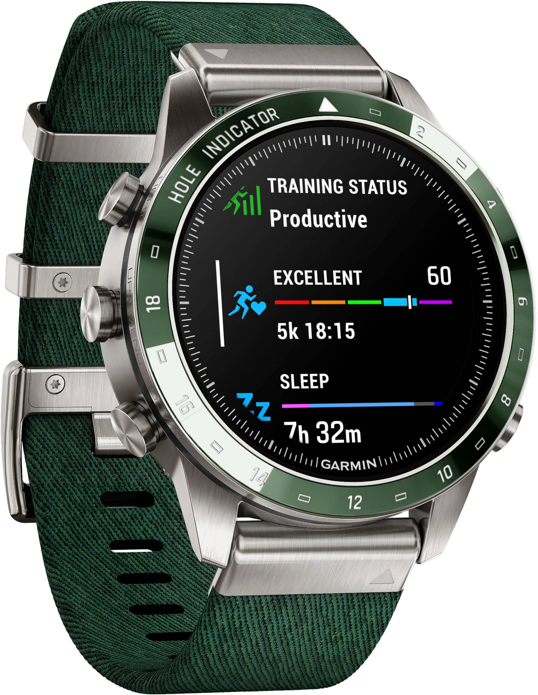 The text on the image reads: "Indicator 2 Hole Training Status Productive 0 Excellent 60 18 5k 18:15 4 9 Sleep 7z 7h 32m Garmin 14 12 10 8."