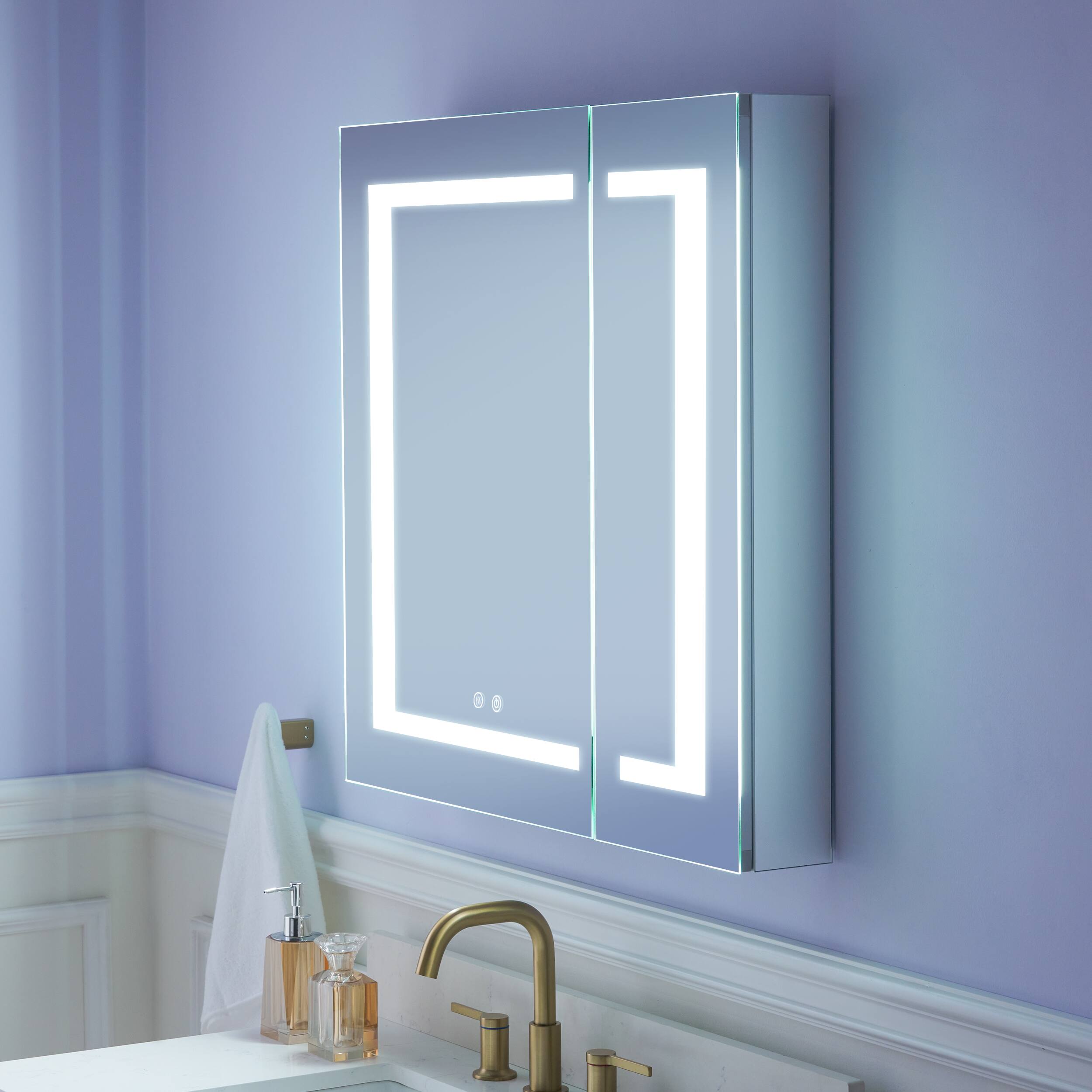 Angle. WELLFOR - 30 in. W x 30 in. H Aluminum Recessed or Surface Mount Medicine Cabinet with Mirror and Lighted - Silver.
