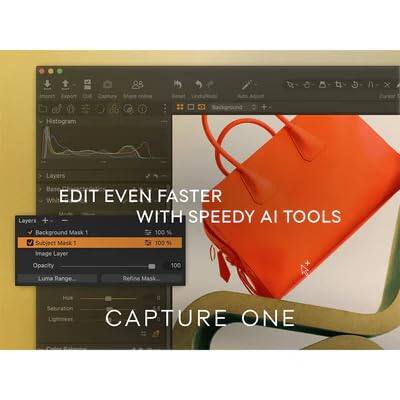 88 Histogram Layers Base WN EDIT EVEN FASTER Layers + WITH SPEEDY AI TOOLS Background Mask 1 100 % Subject Mask 1 100 Image Layer Opacity 100 Luma Range Refine Mask CAPTURE ONE