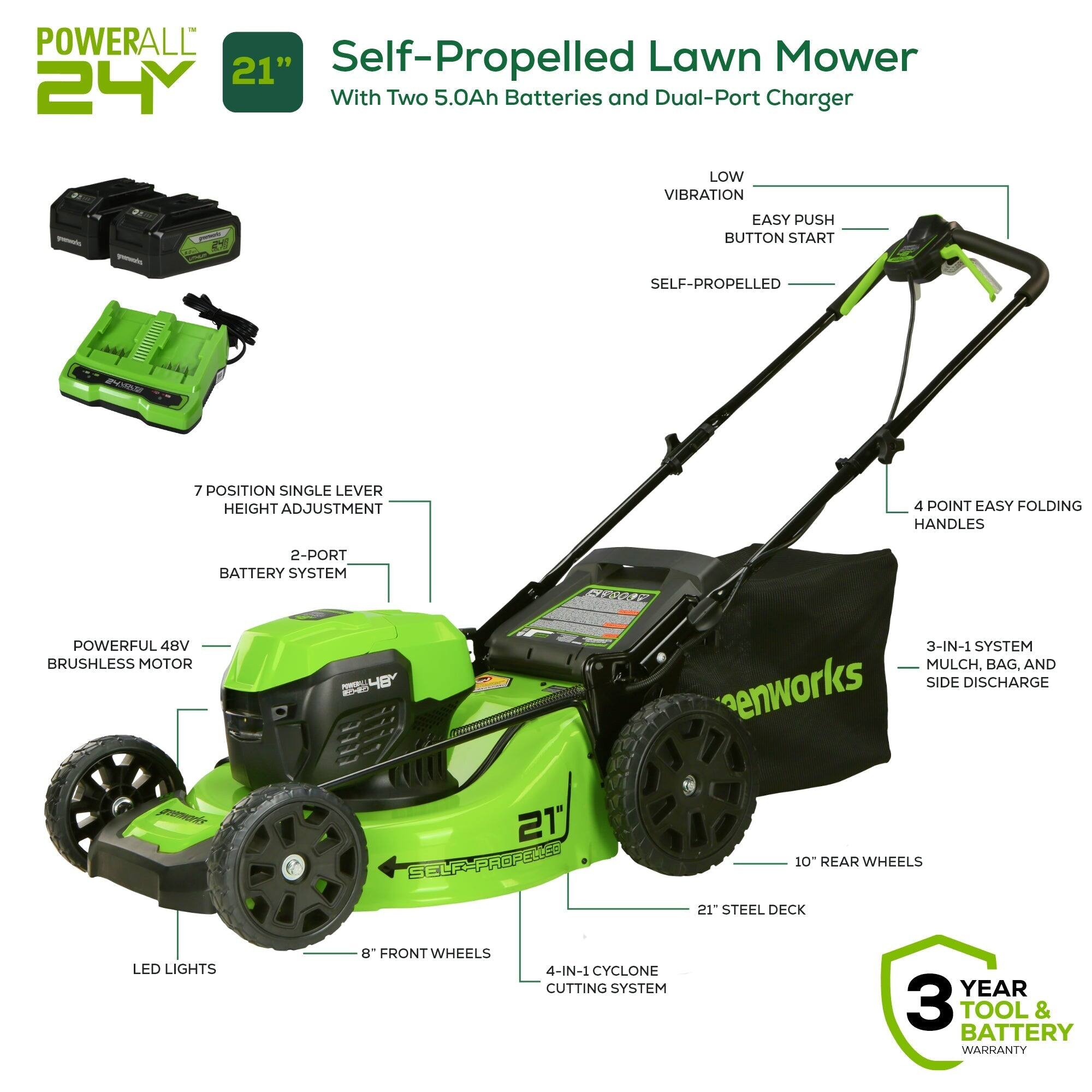 POWERALL 24V Mower 21" Self-Propelled Lawn Mower With Two 5.0Ah Batteries and Dual-Port Charger

- LOW VIBRATION
- EASY PUSH BUTTON START
- SELF-PROPELLED
- 7 POSITION SINGLE LEVER HEIGHT ADJUSTMENT
- 4 POINT EASY FOLDING HANDLES
- 2-PORT BATTERY SYSTEM
- POWERFUL 48V BRUSHLESS MOTOR
- 3-IN-1 SYSTEM (MULCH, BAG, AND SIDE DISCHARGE)
- 21" STEEL DECK
- LED LIGHTS
- 8" FRONT WHEELS
- 10" REAR WHEELS
- 4-IN-1 CYCLONE CUTTING SYSTEM
- 3 YEAR TOOL & BATTERY WARRANTY