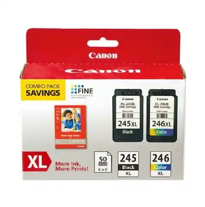 Canon COMBO PACK SAVINGS FINE Canon PG-245XL FINE Cartridge Canon CL-246XL FINE Cartridge 245XL XL Black 246XL Color XL More Ink, More Prints! 50 245 Black XL 246 Color XL