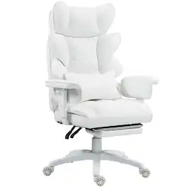 Dowinx - Wide Back Executive Office Chair with Padded Pocket Spring Cushion, Reclining Gaming Chair with Footrest and Armrests - White PU Leather