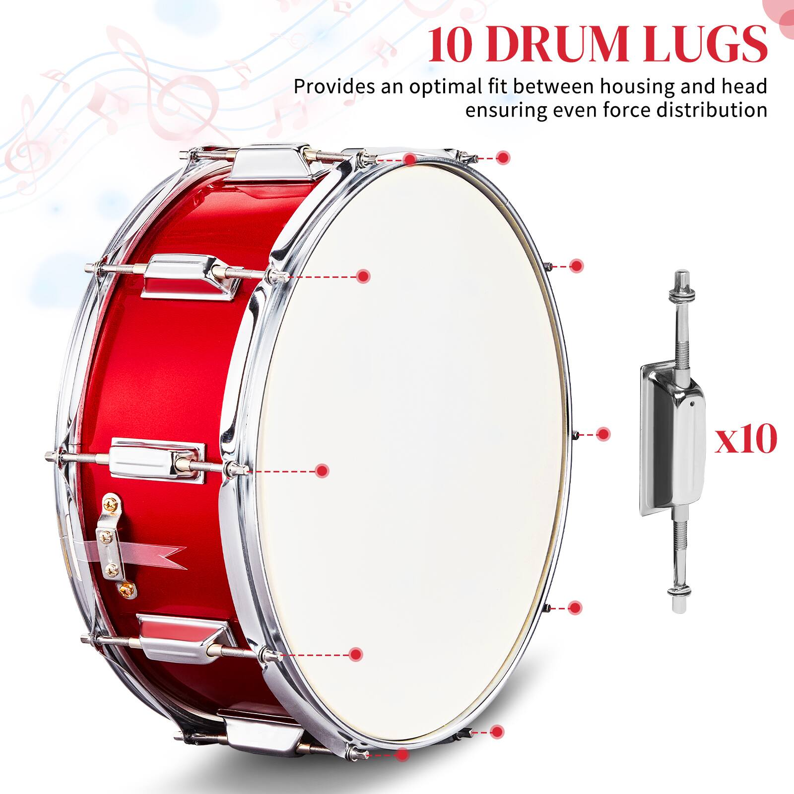 10 DRUM LUGS  
Provides an optimal fit between housing and head ensuring even force distribution  
x10