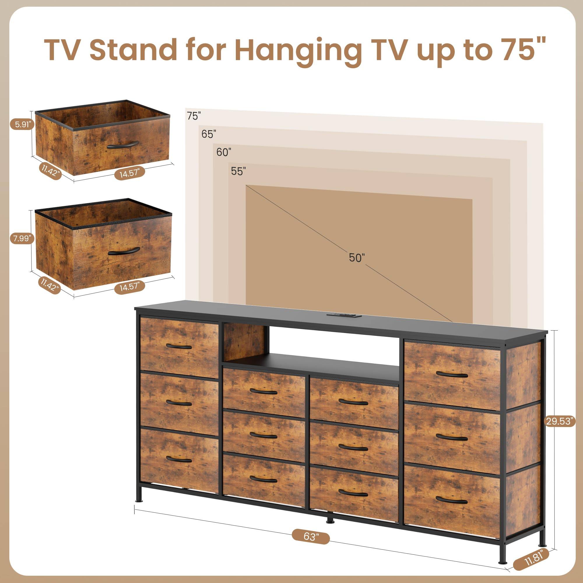 TV Stand for Hanging TV up to 75"

- 75" TV: 5.91" (height) x 11.42" (width) x 14.57" (depth)
- 65" TV: 7.99" (height) x 11.42" (width) x 14.57" (depth)
- 60" TV: 50" (width)
- 55" TV: 50" (width)
- 50" TV: 29.53" (depth)
- Overall dimensions: 63" (width) x 11.81" (depth)