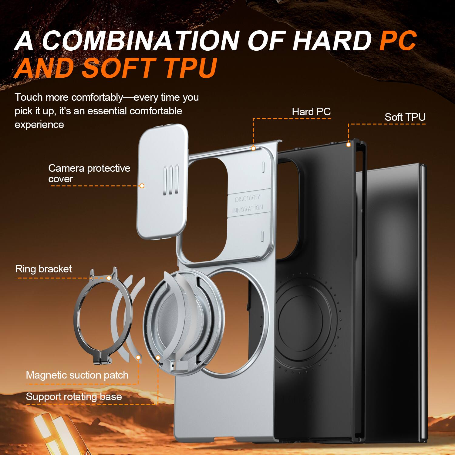 A COMBINATION OF HARD PC AND SOFT TPU

Touch more comfortably—every time you pick it up, it's an essential comfortable experience

Camera protective cover

Ring bracket

Magnetic suction patch

Support rotating base

Hard PC

Soft TPU