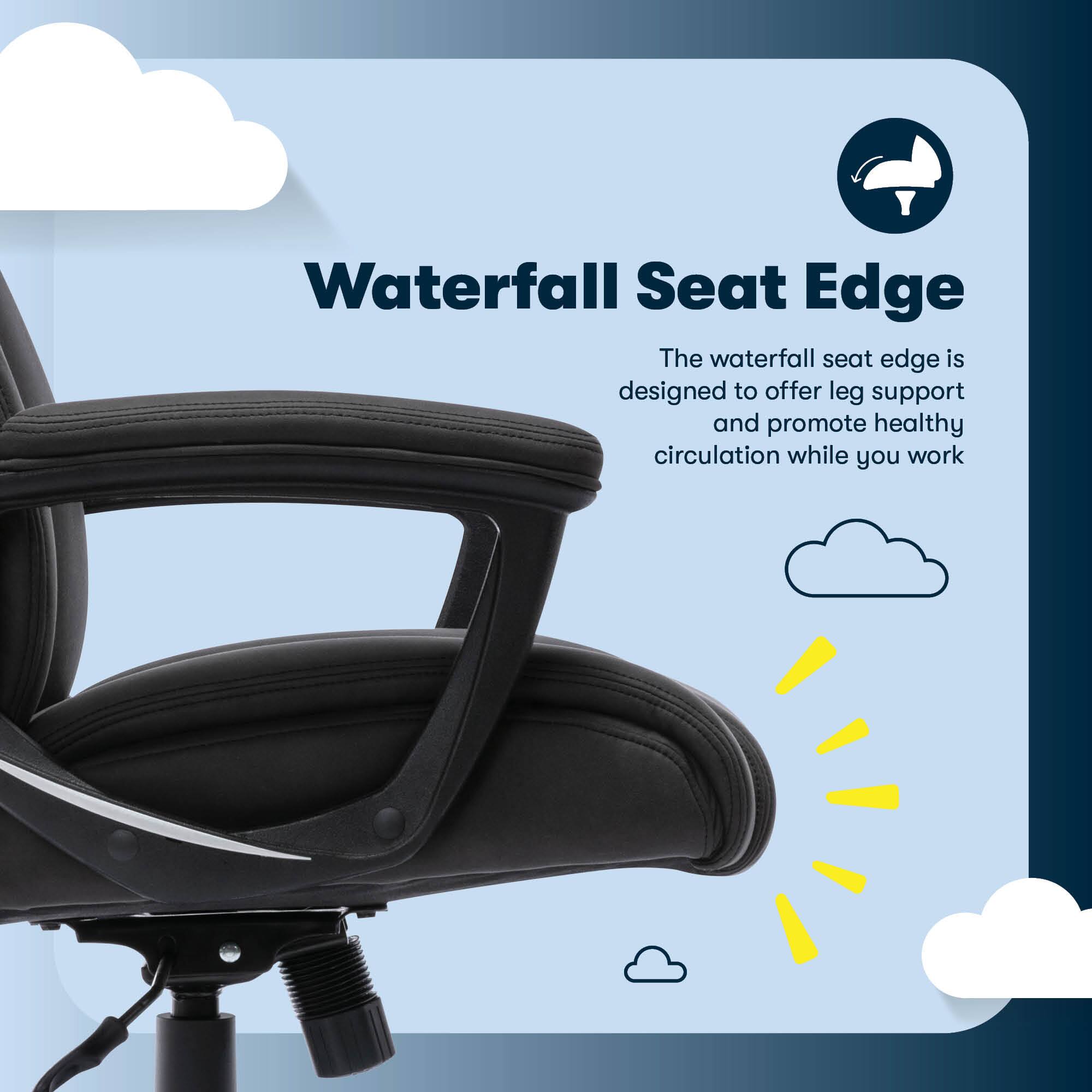 Waterfall Seat Edge The waterfall seat edge is designed to offer leg support and promote healthy circulation while you work.