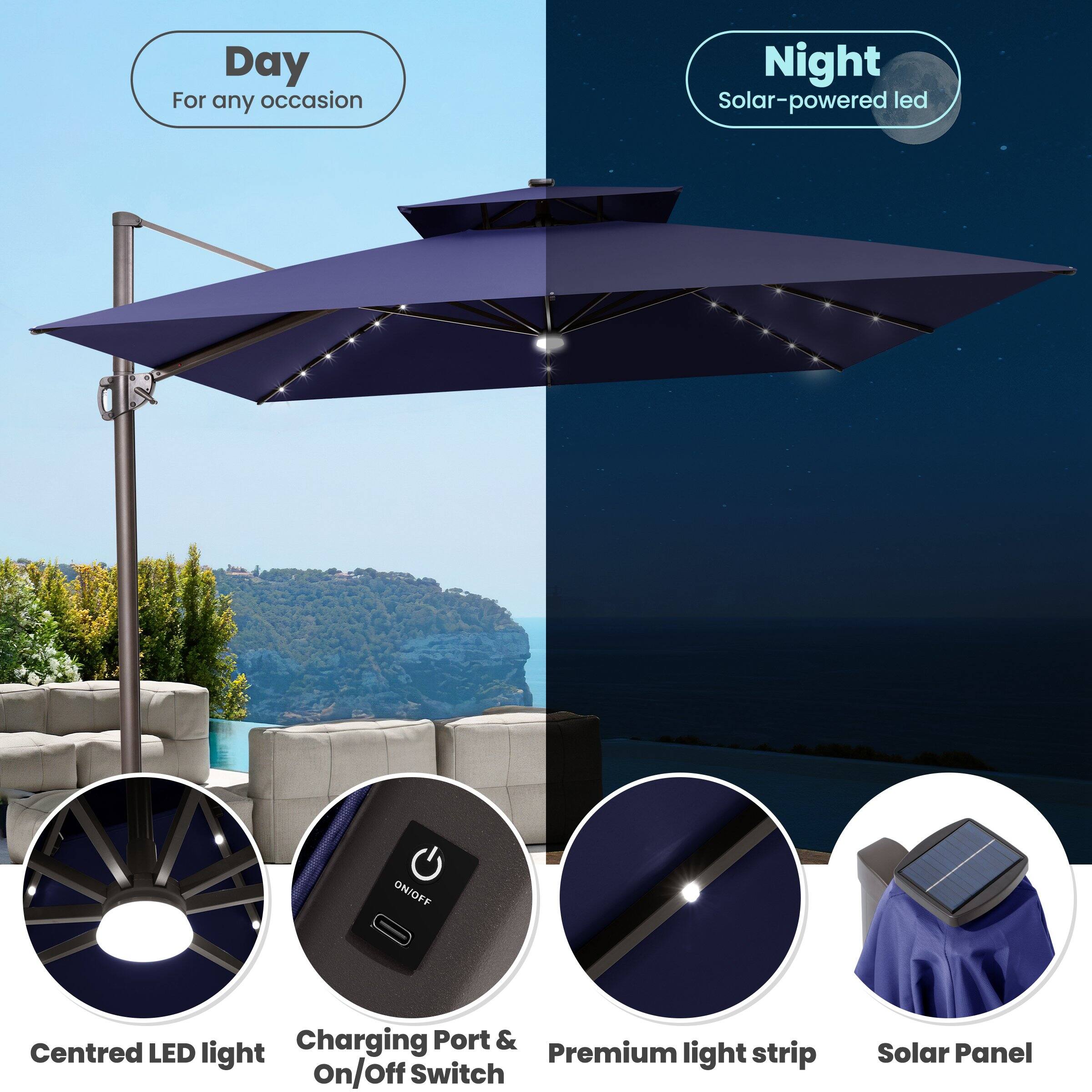 - Day: For any occasion
- Night: Solar-powered LED
- Centred LED light
- Charging Port & On/Off Switch
- Premium light strip
- Solar Panel