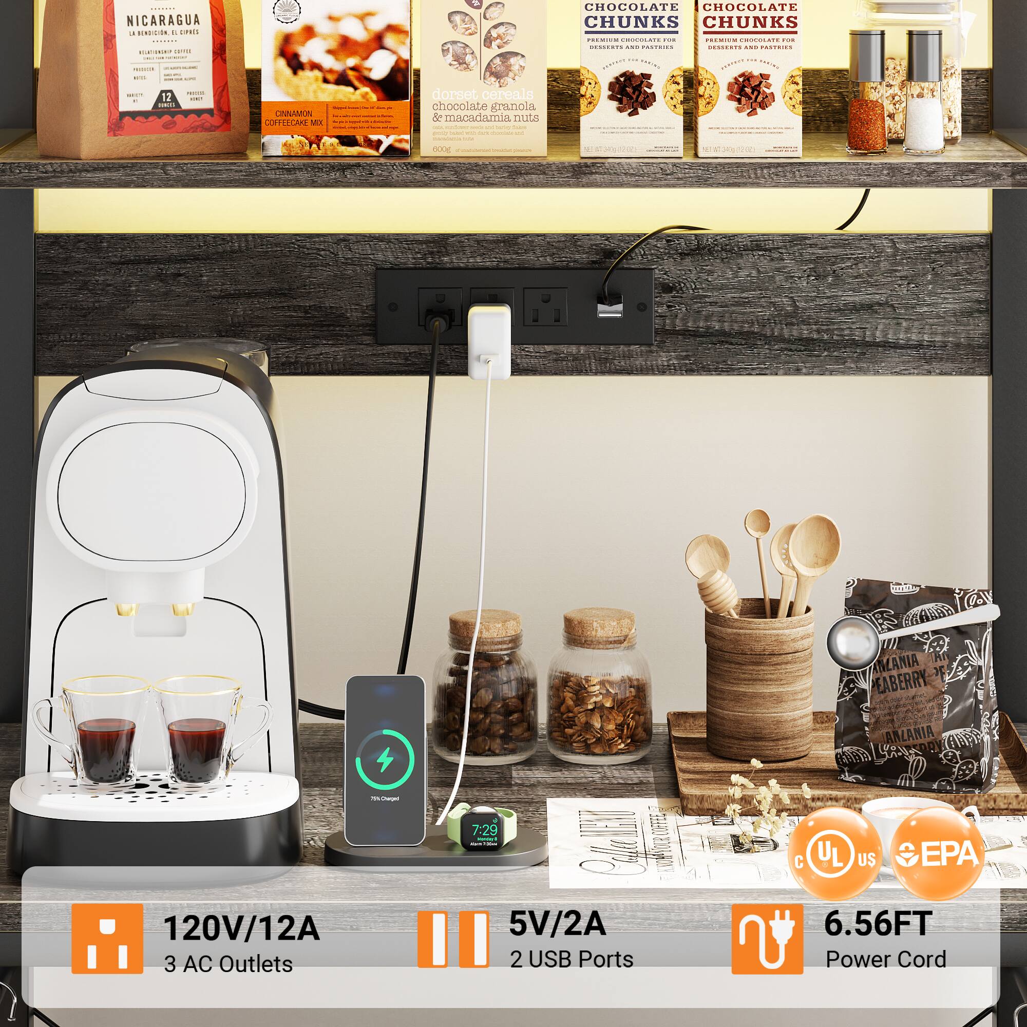 NICARAGUA - HNNRE .. EIEI : CESN ... - -- .. 2 : I CNANON COFFEECARE e dorset cereals chocolate Kranola de macadamia muta I : CHOCOLATE CHOCOLATE CHUNKS CHUNKS H. MOLE -.. FIS TA F O. ... ...... ........ E ....N. I I K CONTEIY OE AAD ANIA 3 EABERRY ANLANIA I - 120V/12A 3 AC Outlets 7:29 GOT OE I - - 5V/2A 2 USB Ports C UL US EPA 6.56FT Power Cord