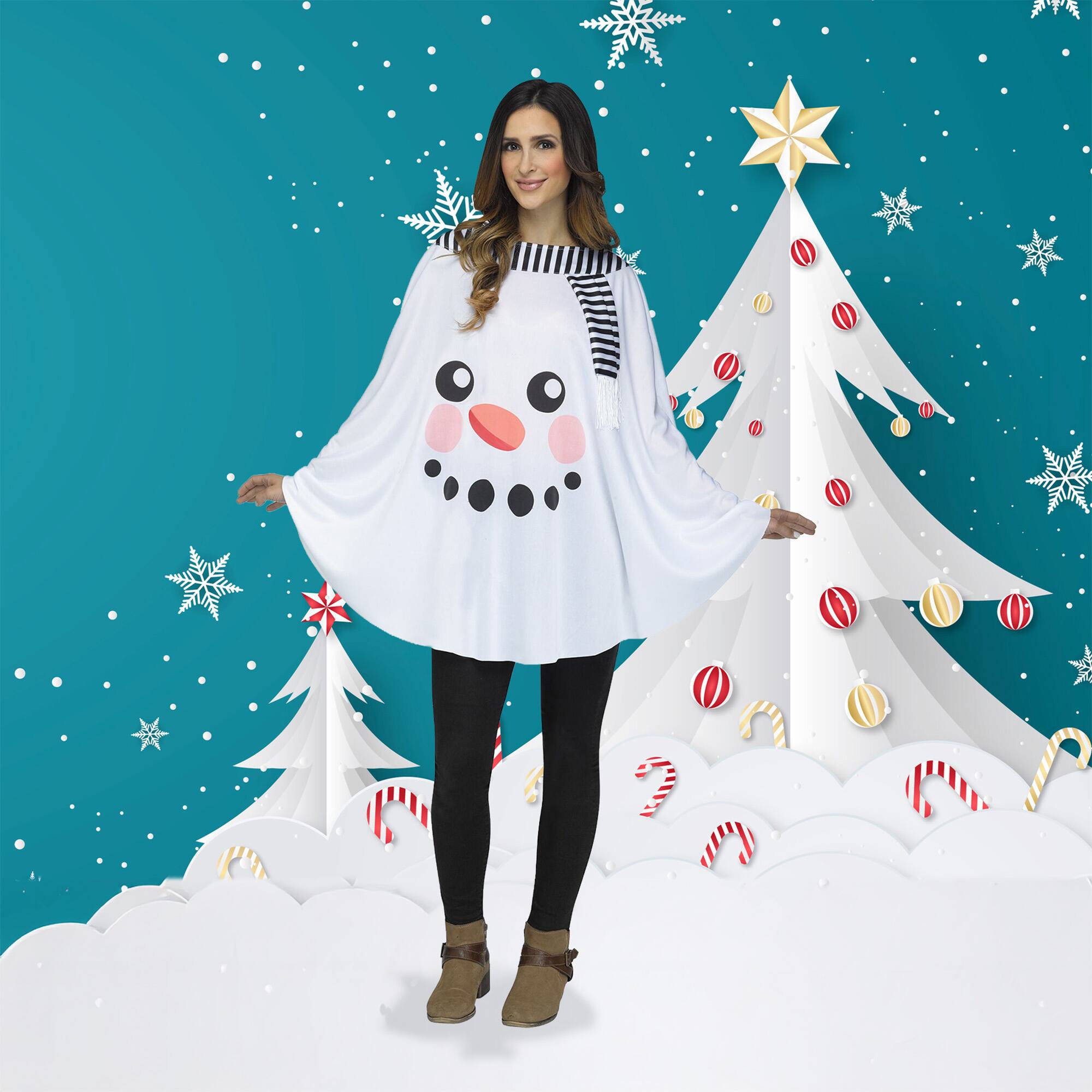 Fun World - Adult One Size Snowman Christmas Poncho - White
