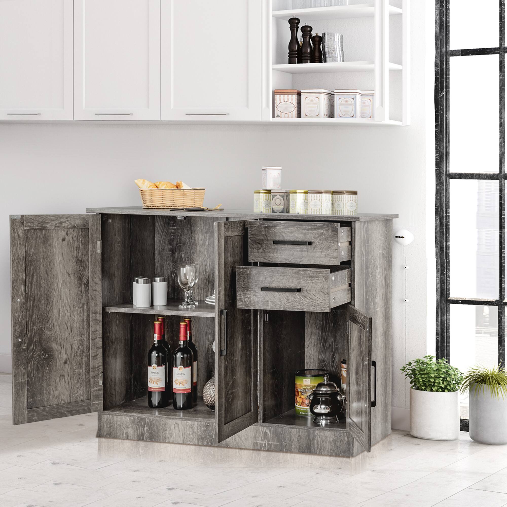 Alt View 3. Gymax - Gymax Buffet Storage Cabinet Console Table Kitchen Sideboard Drawer Grey - Grey.