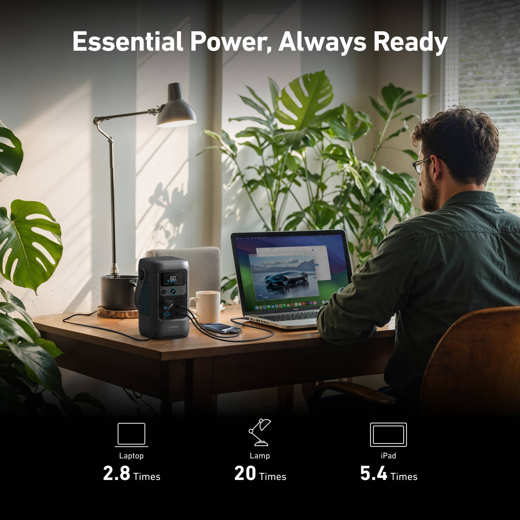 Essential Power, Always Ready

- Laptop: 2.8 Times
- Lamp: 20 Times
- iPad: 5.4 Times