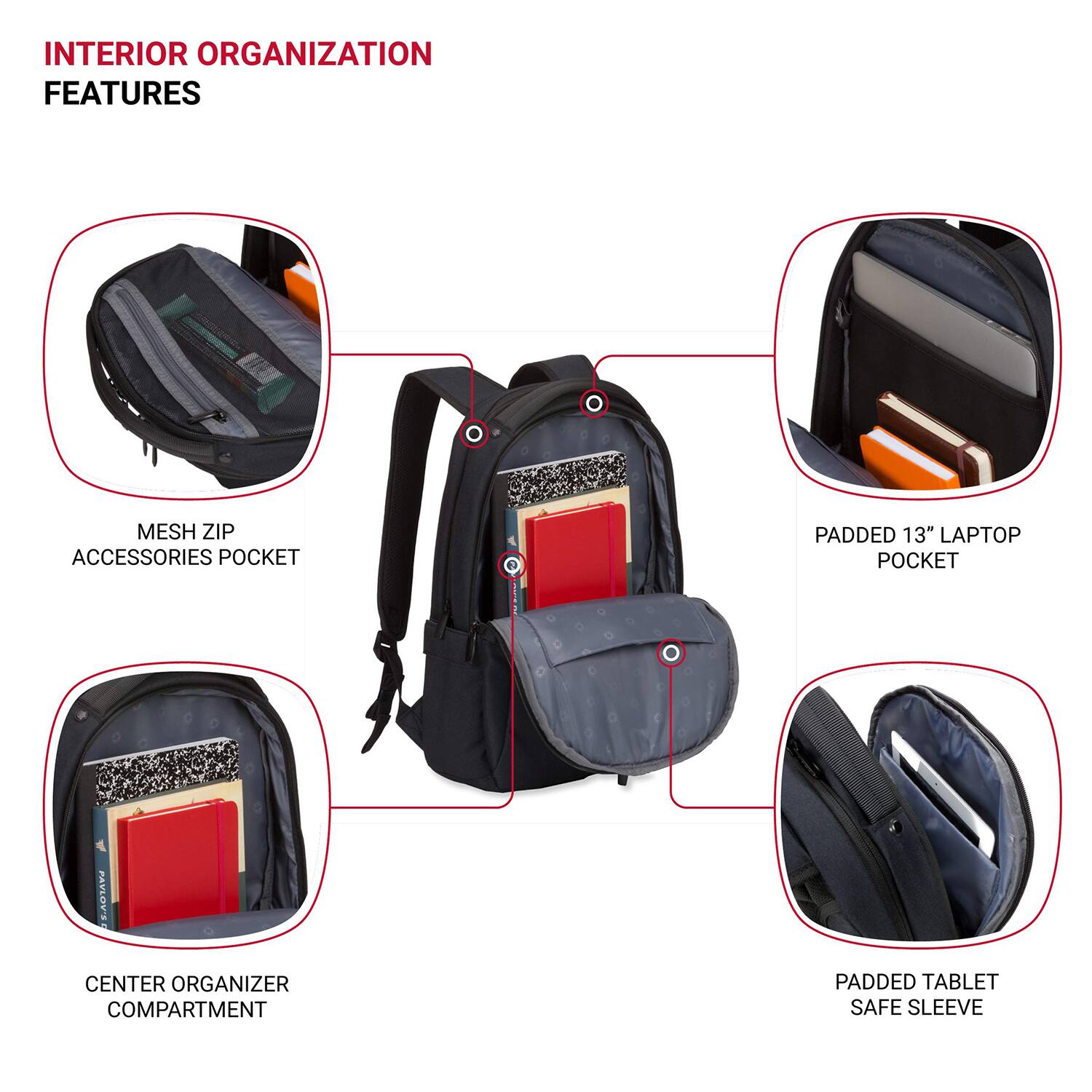 INTERIOR ORGANIZATION FEATURES

- MESH ZIP ACCESSORIES POCKET
- CENTER ORGANIZER COMPARTMENT
- PADDED 13" LAPTOP POCKET
- PADDED TABLET SAFE SLEEVE