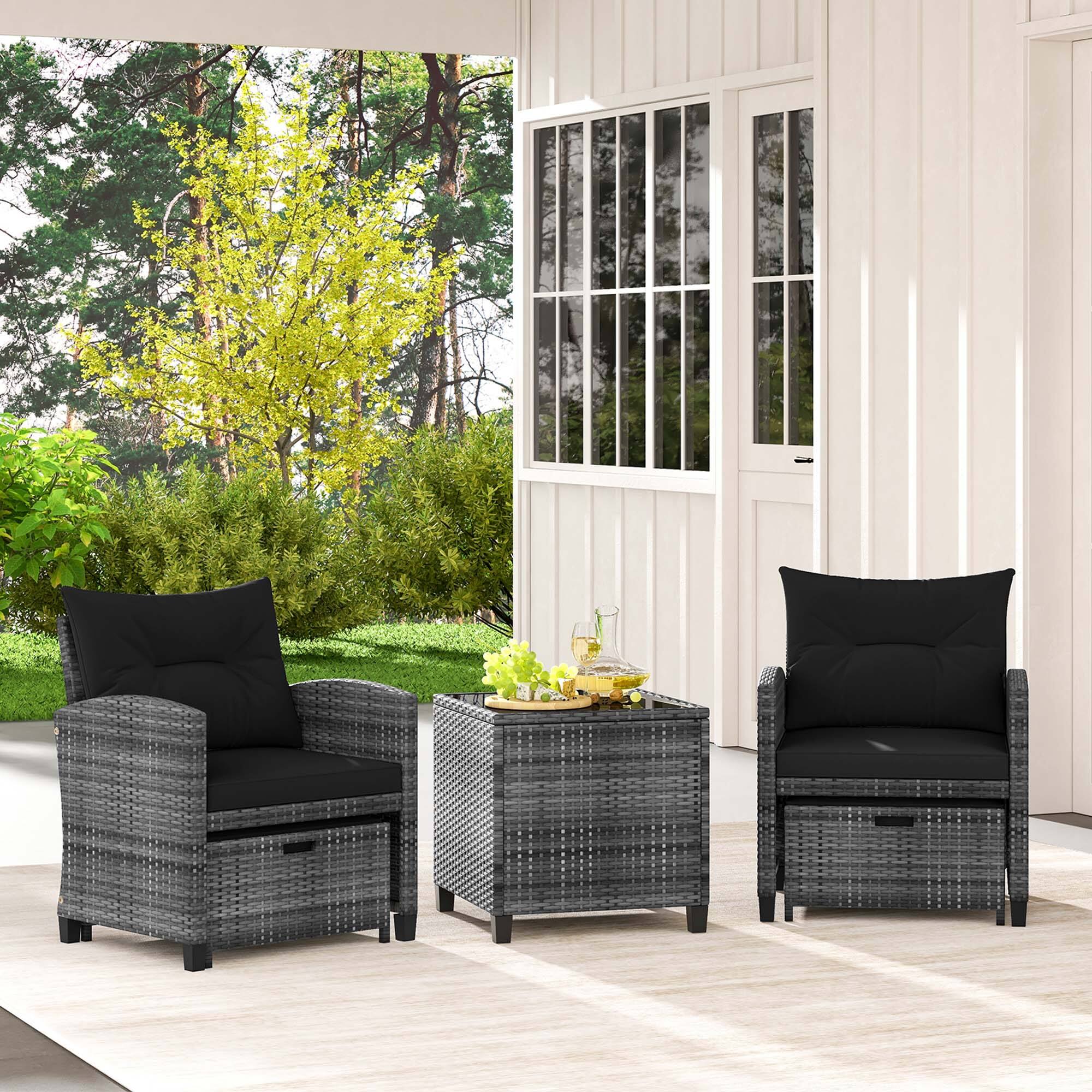 Alt View 3. Costway - 5 Piece Patio Rattan Furniture with 2 Ottomans & Tempered Glass Coffee Table - Black.