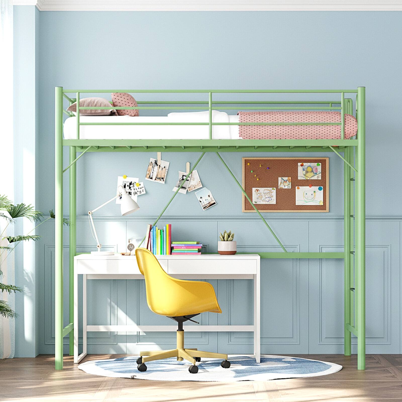 Alt View 4. Winado - 71" Twin Size with Flat Ladder Heavy Duty Metal Single Bunk Bed Loft Bed with Safety Guard Rails for Kids Teens Adults - Green.