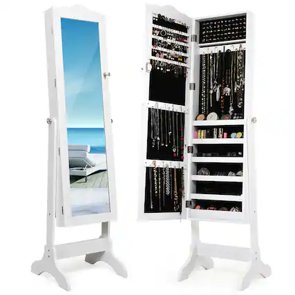 Front. Costway - Mirrored Jewelry Cabinet Organizer Storage Box White - White.