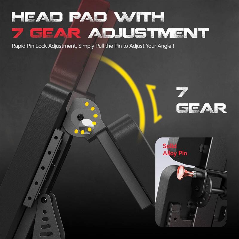 HEAD PAD WITH 7 GEAR ADJUSTMENT  
Rapid Pin Lock Adjustment, Simply Pull the Pin to Adjust Your Angle!  
7 GEAR  
Solid Alloy Pin