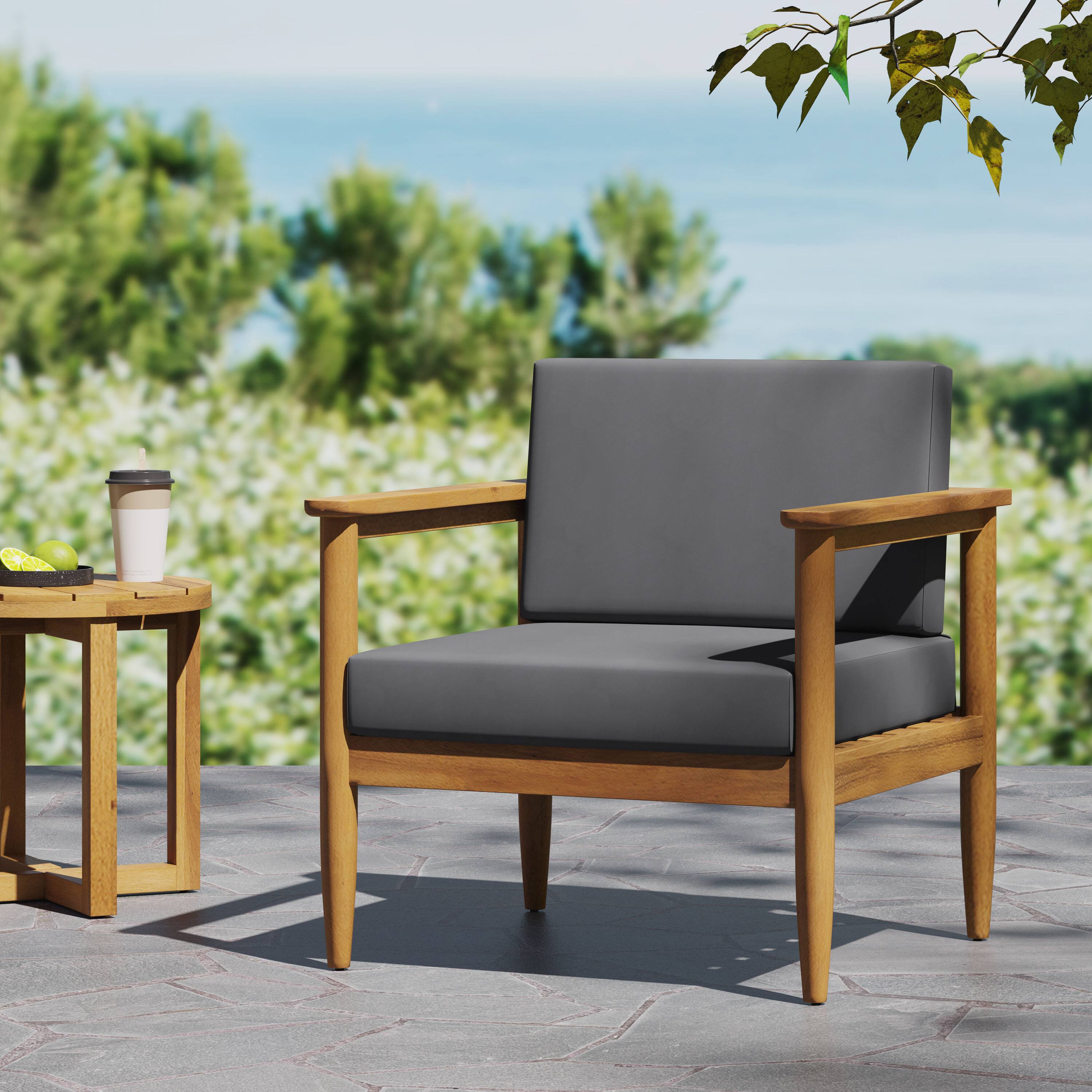 Angle. Mondawe - Outdoor Acacia Wood Seating Chairs with Water-Resistant Cushions - Dark Grey.