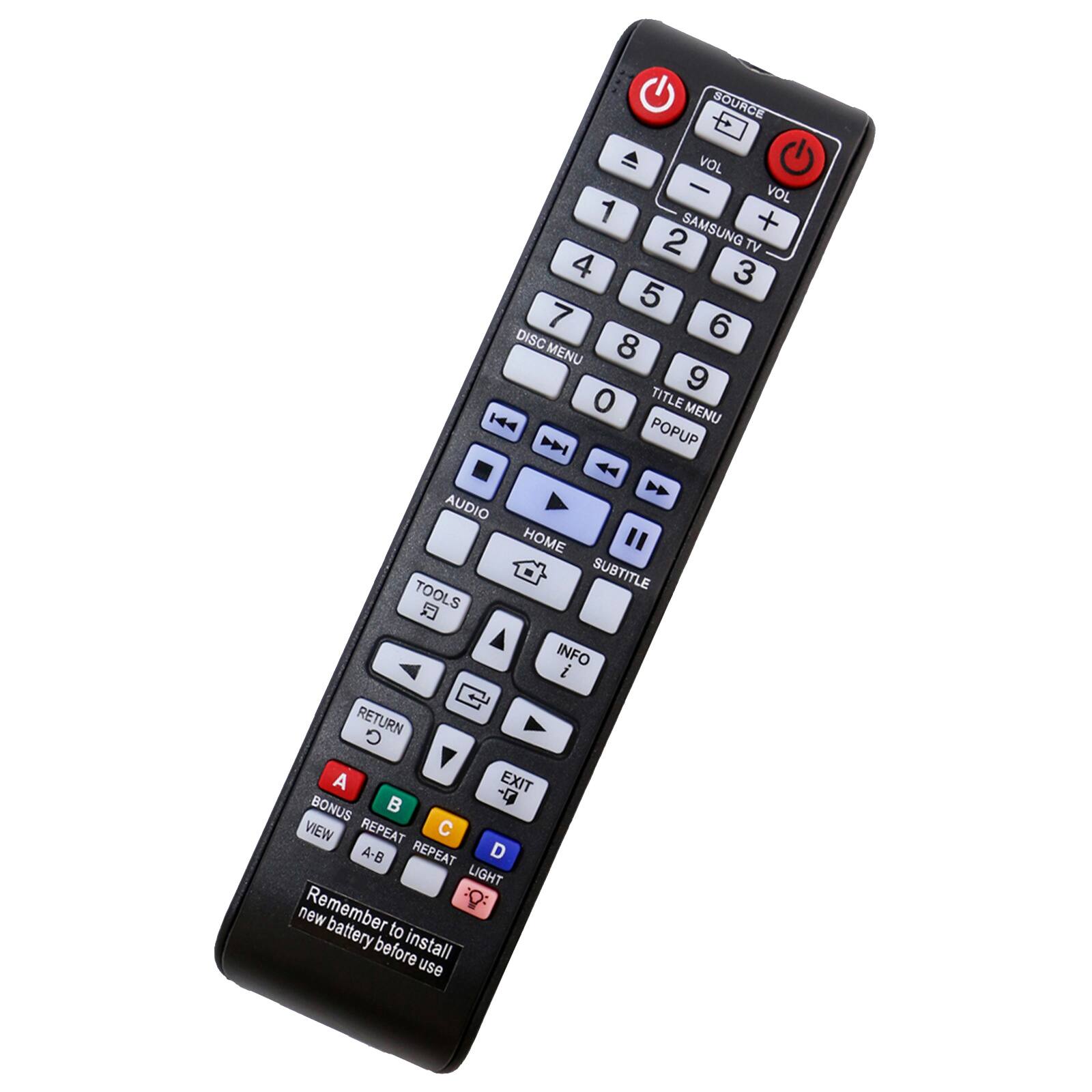 SOURCE VOL - VOL 1 + 2 SAMSUNG TV 4 3 5 7 6 DISC 8 MENU 9 0 TITLE |44 MENU M POPUP AUDIO HOME " SUBTITLE TOOLS  INFO i RETURN O A EXIT BONUS  VIEW REPEAT C A-B REPEAT D LIGHT new Remember battery to before install use