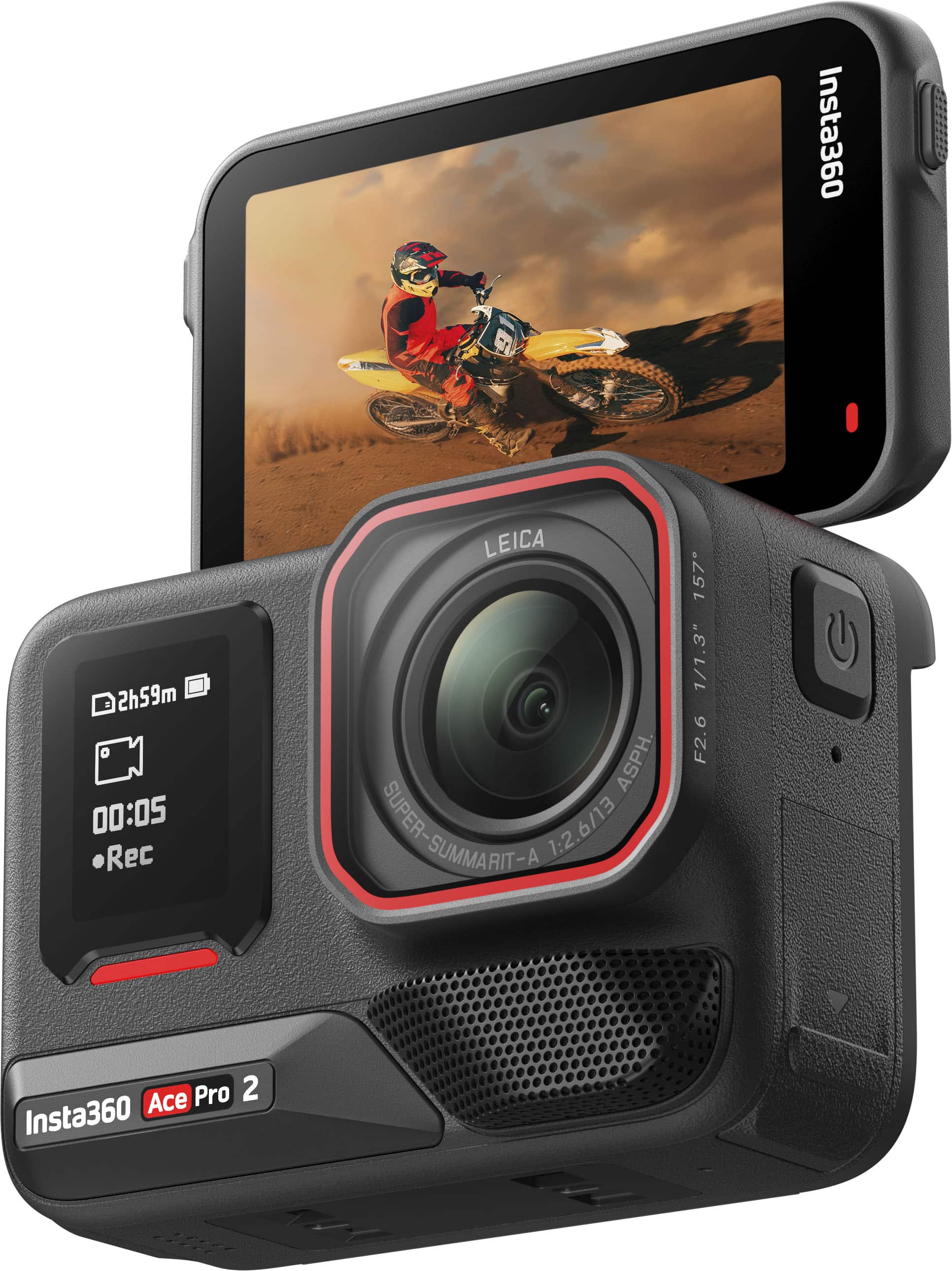 Insta360 Ace Pro 2 is a camera that features a Leica lens with a 1:2.6/13 157 1/1.3" F2.6 G aperture. The camera is designed for action sports and has a red and black color scheme. It is capable of recording videos in 4K resolution and has a built-in screen for easy viewing. The camera is also equipped with a 1.5 inch sensor, which allows for high-quality images and videos.