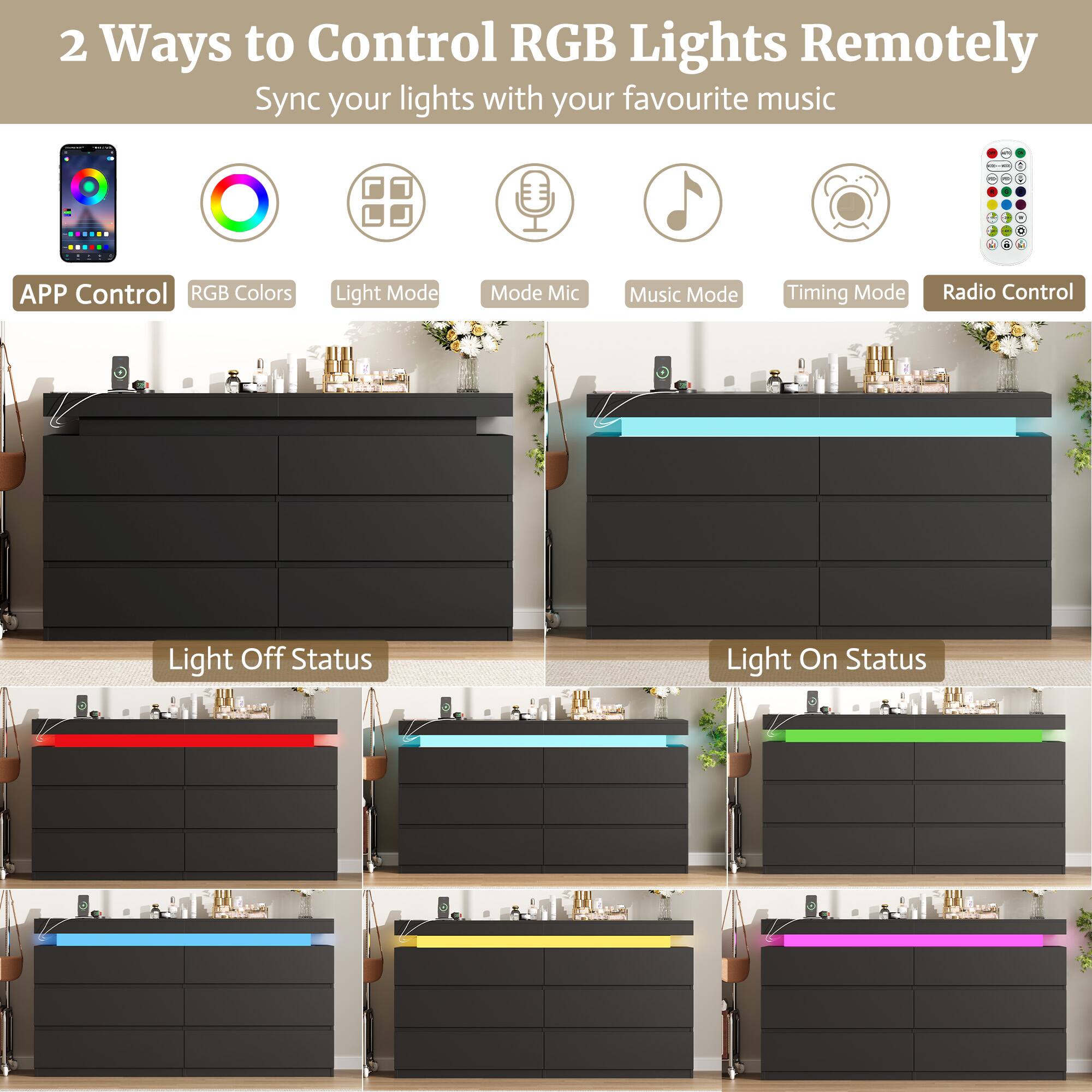 2 Ways to Control RGB Lights Remotely  
Sync your lights with your favourite music

- APP Control
- RGB Colors
- Light Mode
- Mode Mic
- Music Mode
- Timing Mode
- Radio Control

Light Off Status

Light On Status