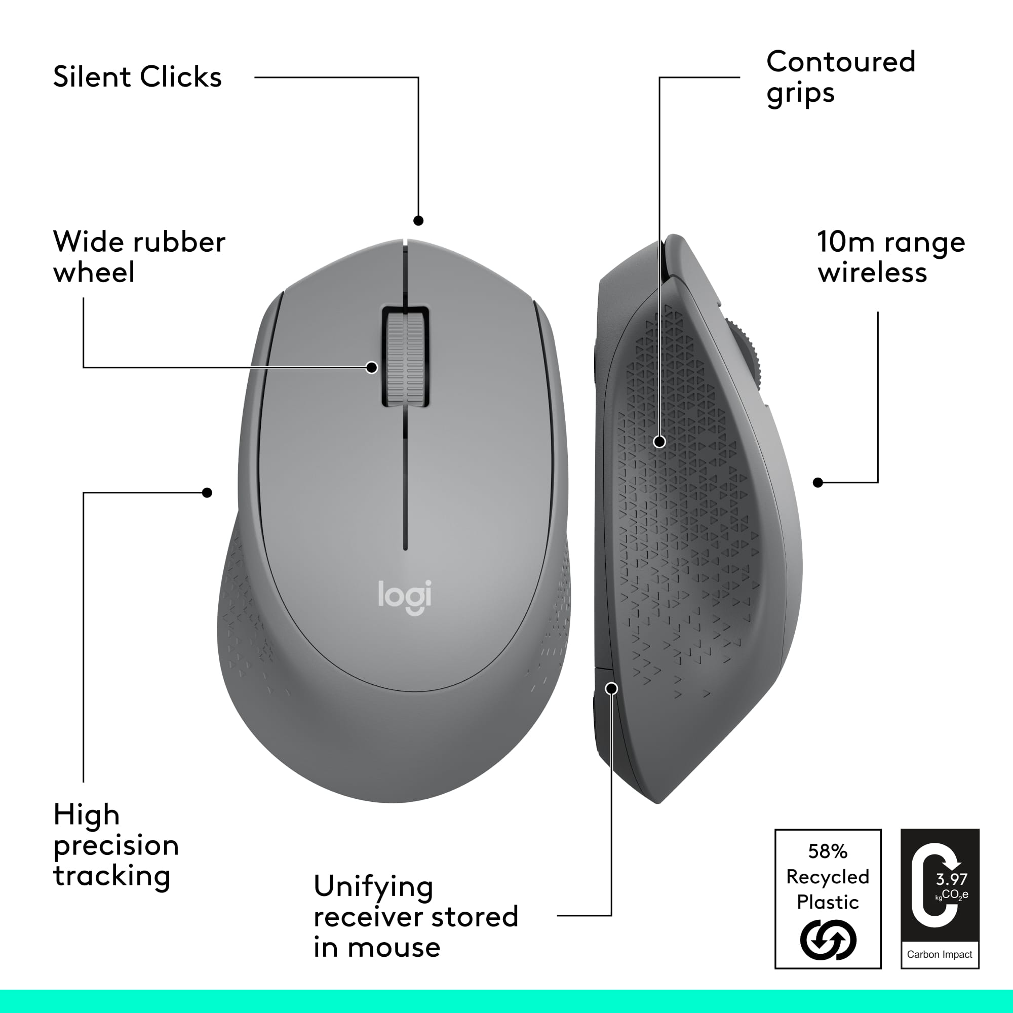 Silent Clicks, Contoured grips, Wide rubber wheel, 10m range wireless, High precision tracking, Unifying receiver stored in mouse, 58% Recycled Plastic, Carbon Impact