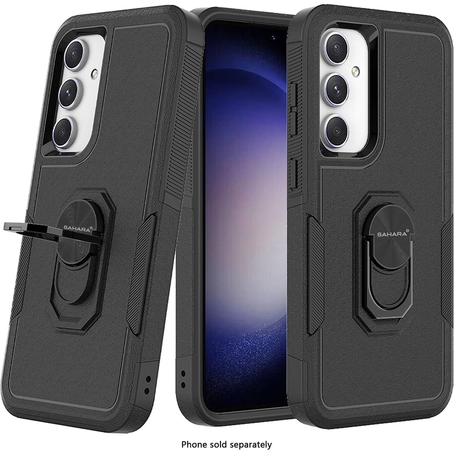 The image features a black phone case with a phone inserted into it. The phone case is made by the brand Bahara. The phone is visible through the case, and the case is designed to protect the phone. The image also includes a close-up view of the phone case.