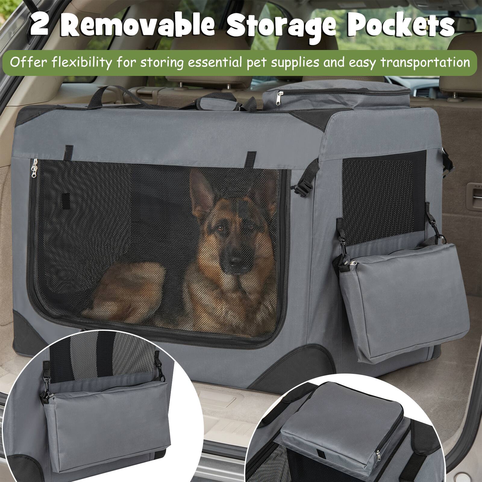 2 Removable Storage Pockets  
Offer flexibility for storing essential pet supplies and easy transportation