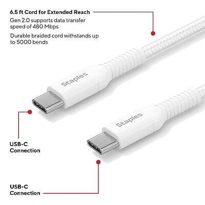 6.5 ft Cord for Extended Reach  
Gen 2.0 supports data transfer speed of 480 Mbps  
Durable braided cord withstands up to 5000 bends  

USB-C Connection  
USB-C Connection