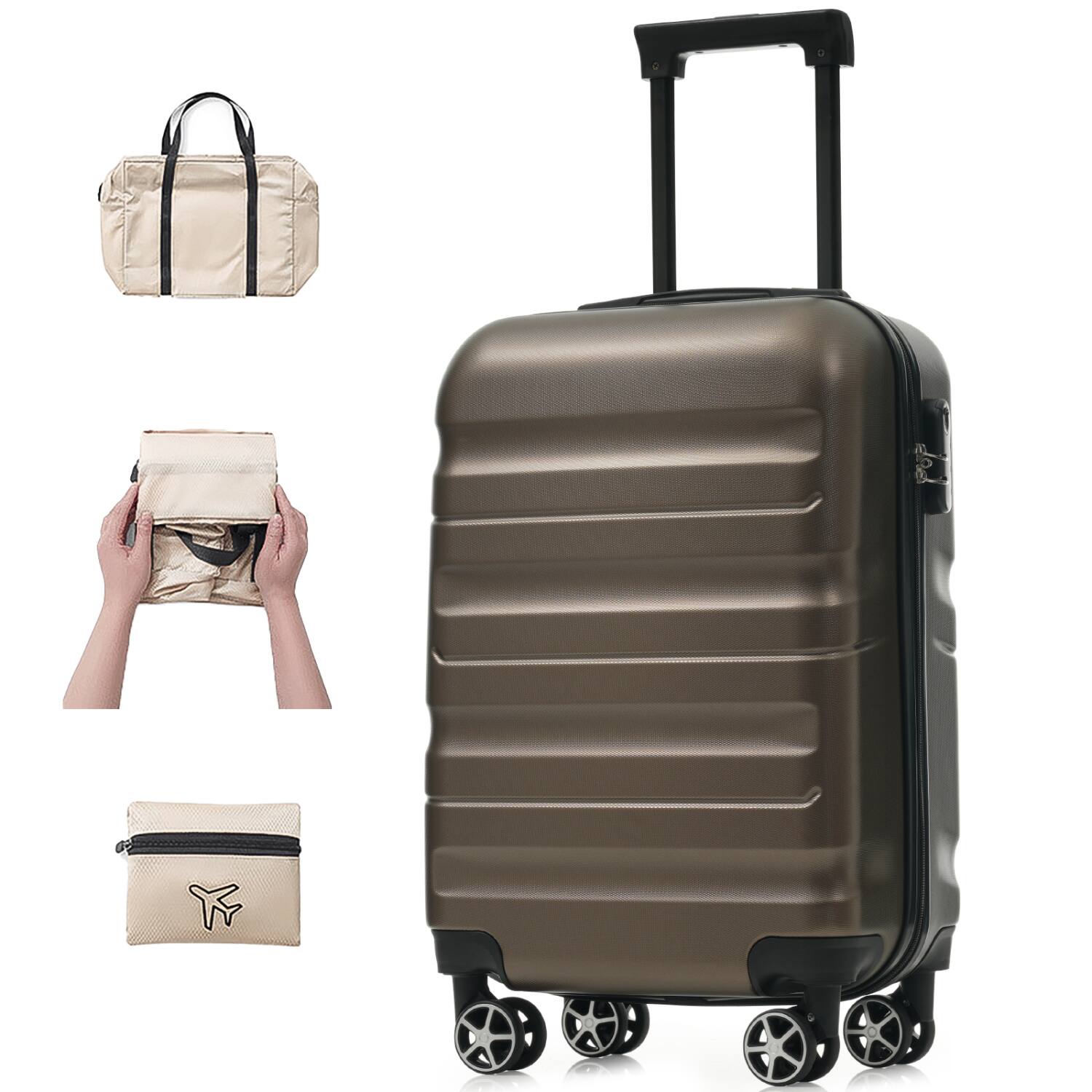 Angle. YONWAY - 20" Hardshell Luggage with Foldable Duffel Bag, Hardshell ABS Suitcase, Lightweight Travel Suitcase Set - Brown.